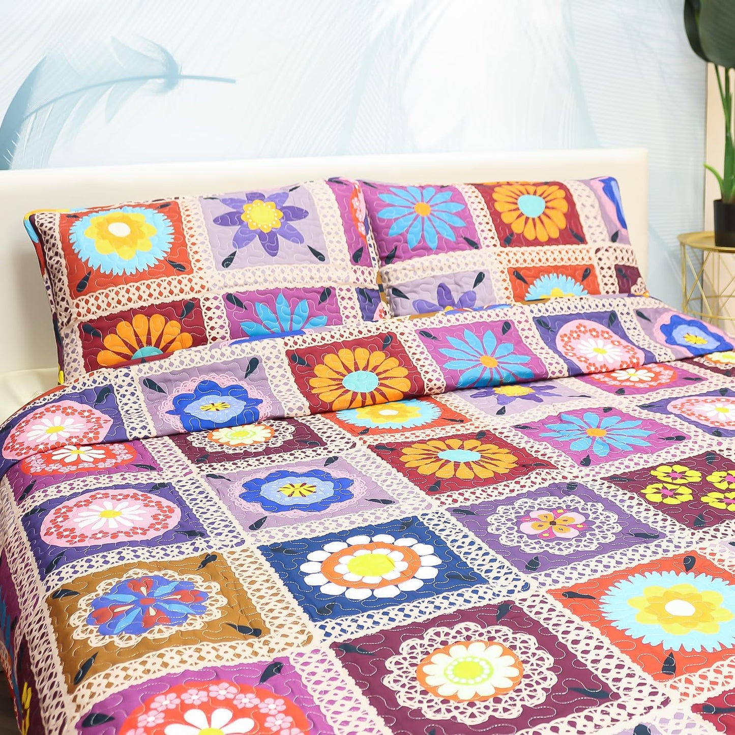 Benlarky Patchwork Quilt Set Queen Size 3 Pieces Set Quilts Crochet Style Bohemian Bedspread Coverlet Set for All Season Reversible Boho Bed Cover Bedding Set 1 Quilt and 2 Pillow Shams, 96" x 92"