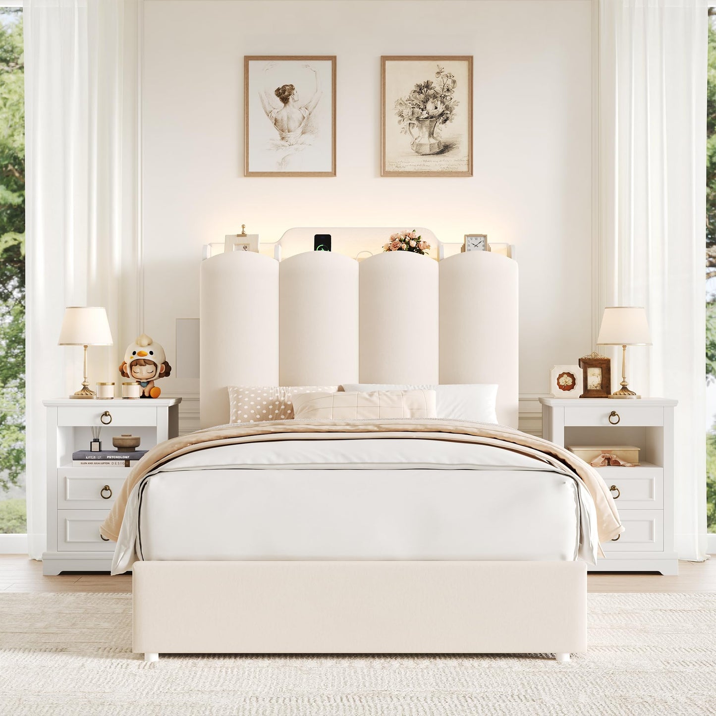 HOSTACK Twin Upholstered Platform Bed Frame with Storage Headboard, Beige