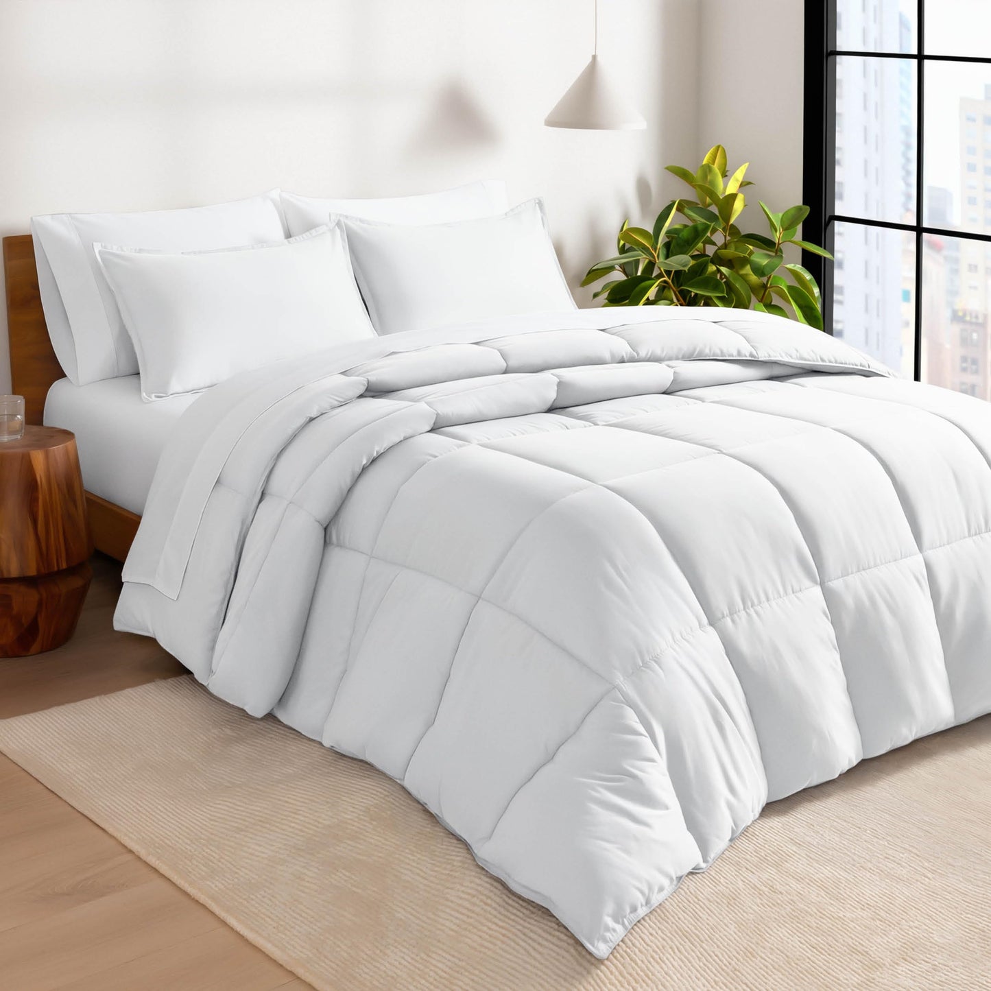 Bare Home Bed-in-A-Bag 7 Piece Comforter & Sheet Set - Queen - Goose Down Alternative - Ultra-Soft 1800 Premium - Bedding Set (Queen, White/White)