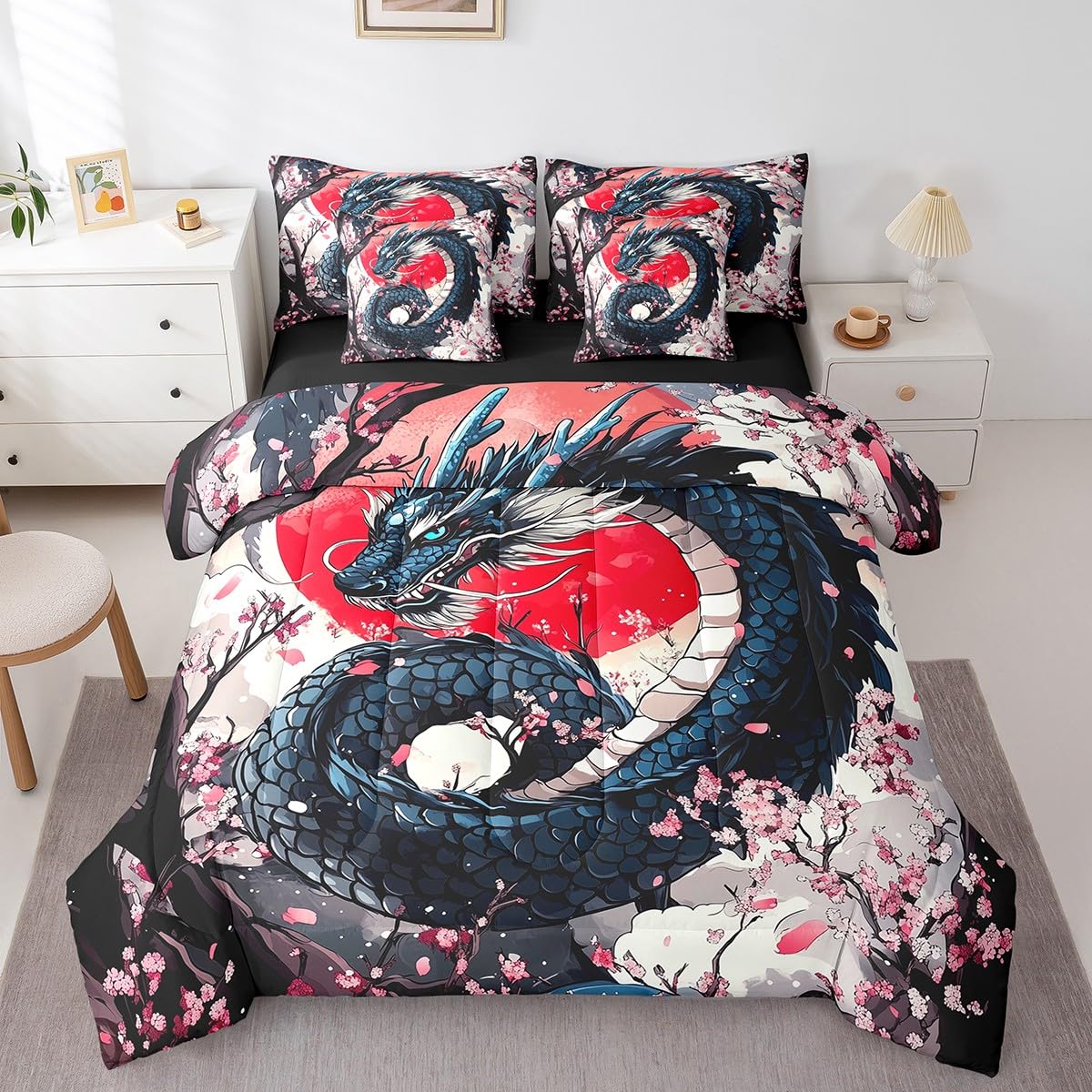 Erosebridal Japanese Dragon Queen Bedding Set 7 Piece,Pink Cherry Blossom Bed Set for Kids Boys Girls,Oriental Style Aesthetic Floral Bedding Comforter Sets with Fitted Sheet,Flat Sheet,Pillowcases