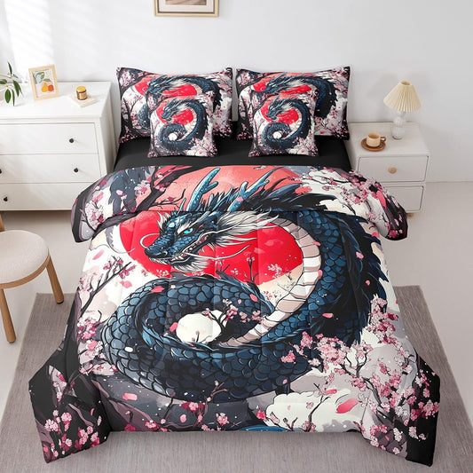 Erosebridal Japanese Dragon Queen Bedding Set 7 Piece,Pink Cherry Blossom Bed Set for Kids Boys Girls,Oriental Style Aesthetic Floral Bedding Comforter Sets with Fitted Sheet,Flat Sheet,Pillowcases