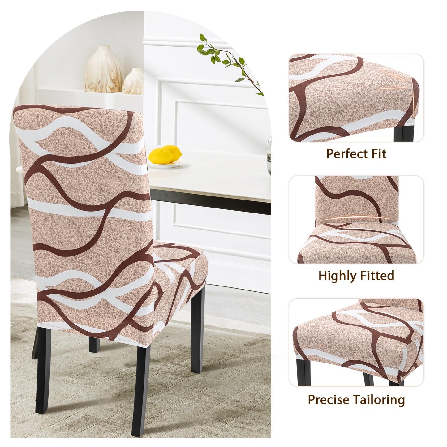 SearchI Dining Room Chair Covers Set of 4, Stretch Printed Parsons Chair Slipcovers Super Fit Spandex Removable Washable Kitchen Chair Protector Cover for Dining Room, Hotel, Ceremony (Khaki)