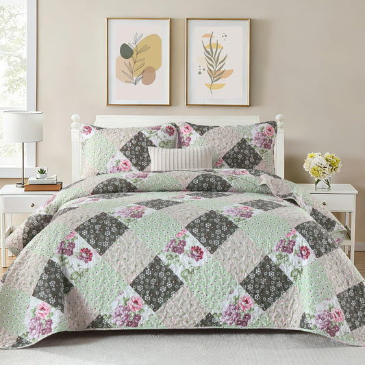 Dinjoy Floral Plaid Patchwork Quilt Set King Size, Reversible Green Bedding Set Soft Microfiber Lightweight Bedspread Coverlet 3 Piece Fall Autumn Summer Use (110x90 inches)