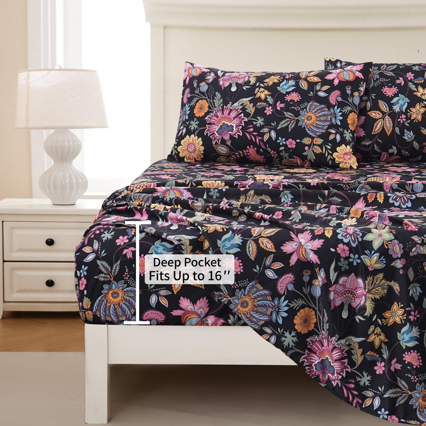 MEISHANG Queen Sheet Set - Ultra Soft Floral Sheets Brushed Microfiber,1800 Thread Count Floral Bed Sheets Oeko-Tex Certificated - Black Yellow