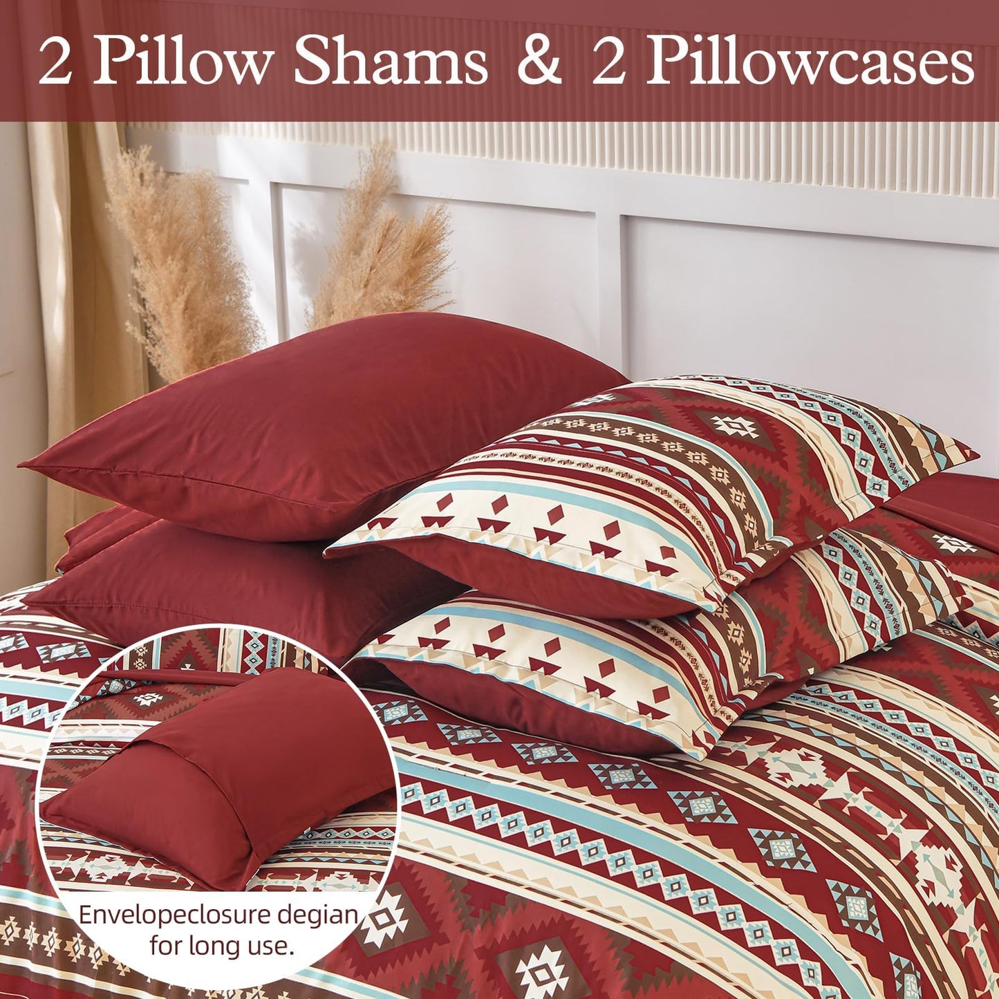 Dinjoy Red Boho Comforter Set Queen,7 Piece Bed in a Bag Queen Size Soft Aztec Bedding Sets with Sheets Bohemian Striped Bed Set Western Burgundy for Fall Winter 90"x90"