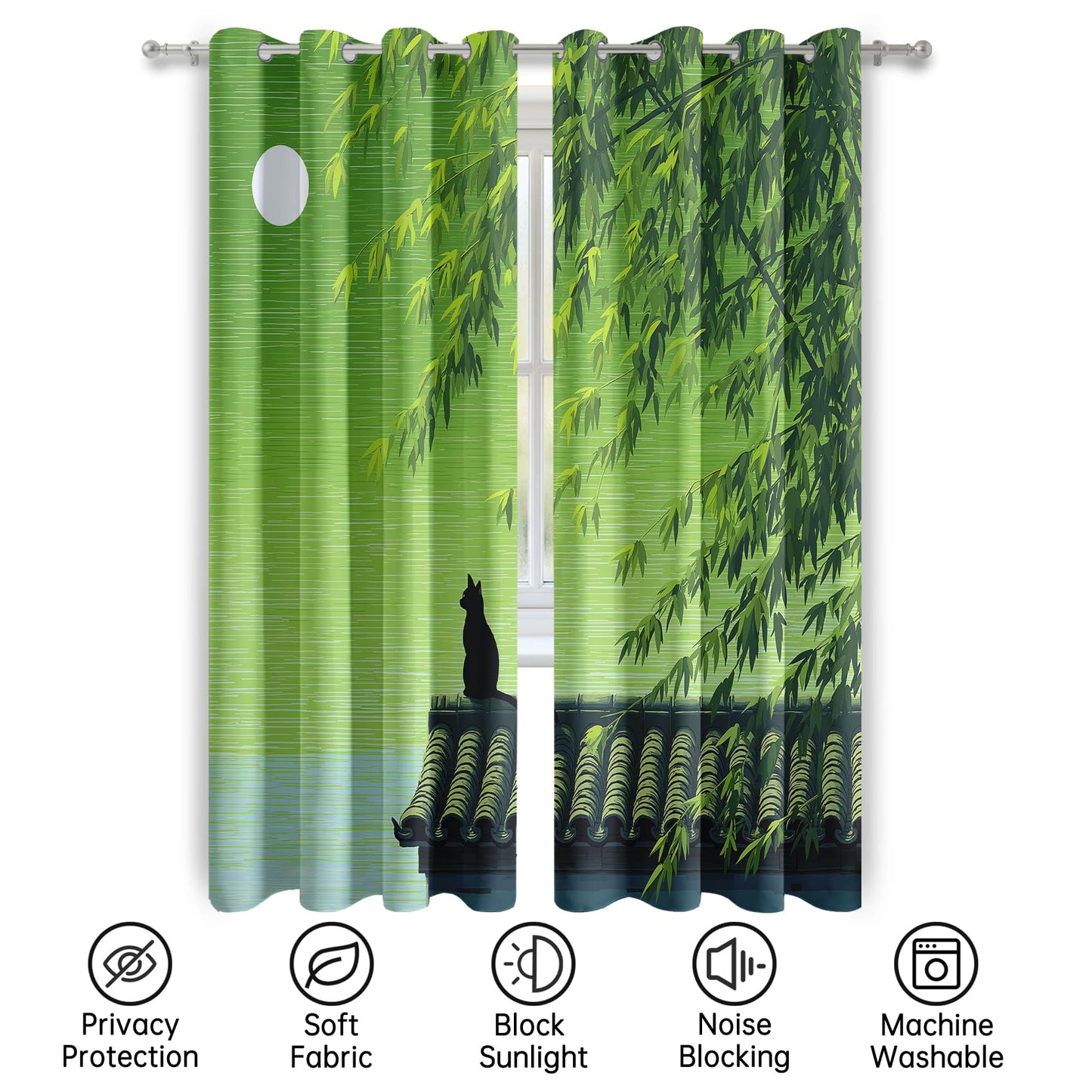 Mistwalk Black Cat Silhouette Blackout Curtains 63 Inches Long, Patterned Curtains for Bedroom & Living Room, Room Darkening Thermal Insulated Grommet Drapes, Japanese Bamboo Forest Window Treatments