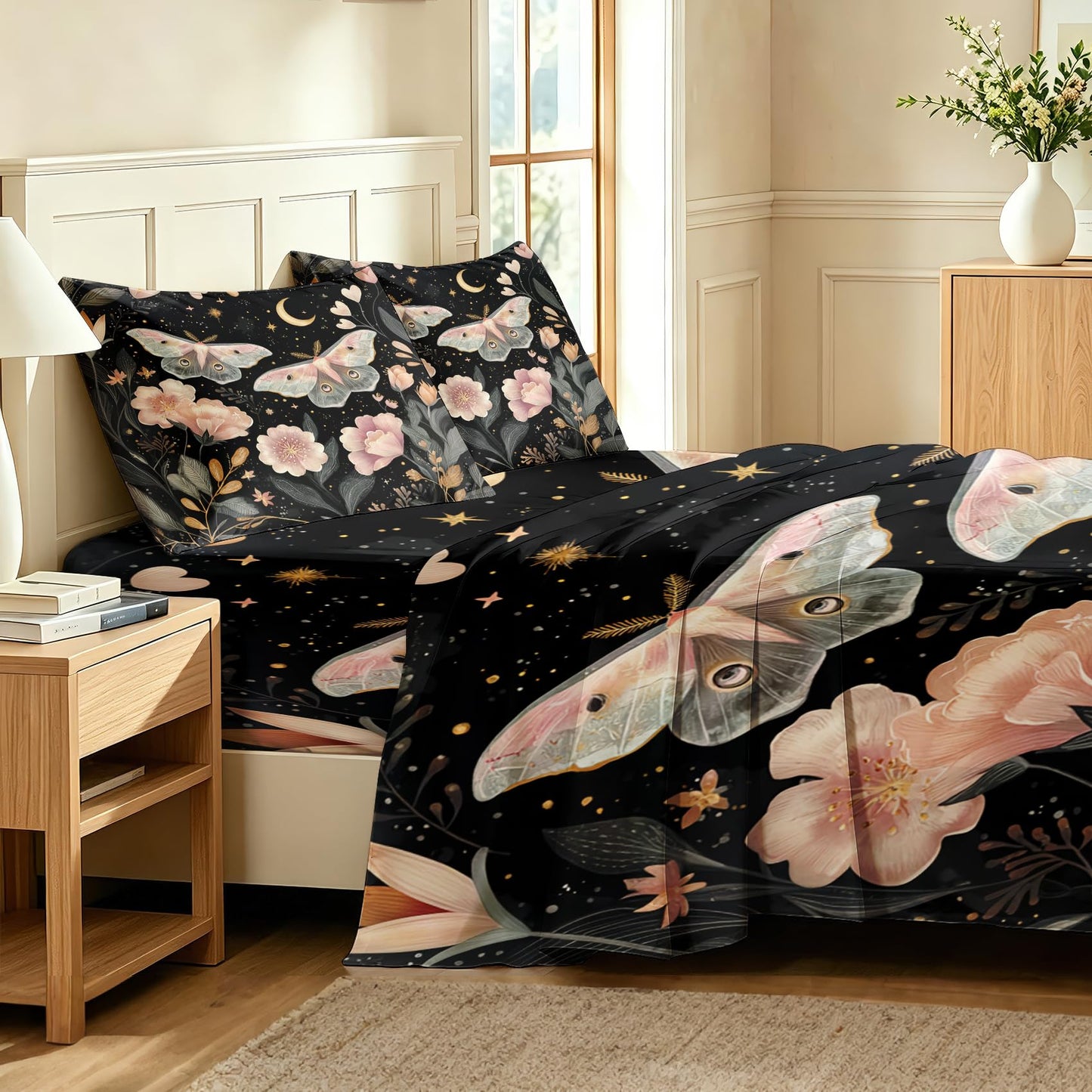 Pink Luna Moth Bedding Set 4 Pcs Girls Moon Star King Sheets