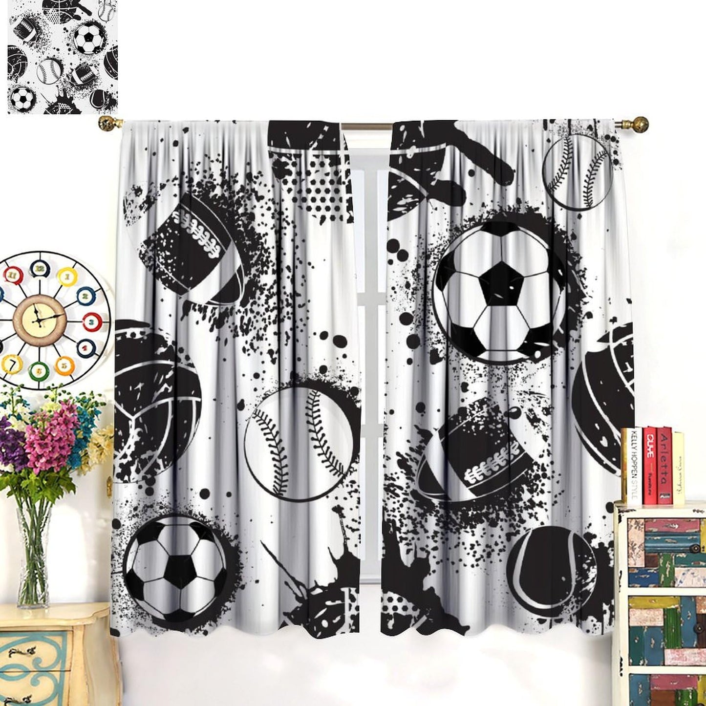 Sports Themed Curtains for Boys Abstract Basketball Football Black White Grunge Window Treatments for Teens Girls Bedroom Living Room Décor Drapes 2 Panel Sets Total Size 42" x 45"