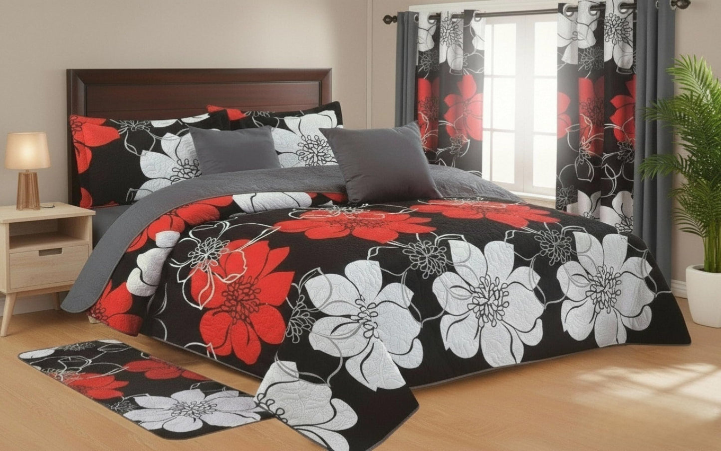 JKCCZLL Queen Size Quilt 12 Piece Set Floral Bedding with Matching Curtains Fitted Sheet Black Queen
