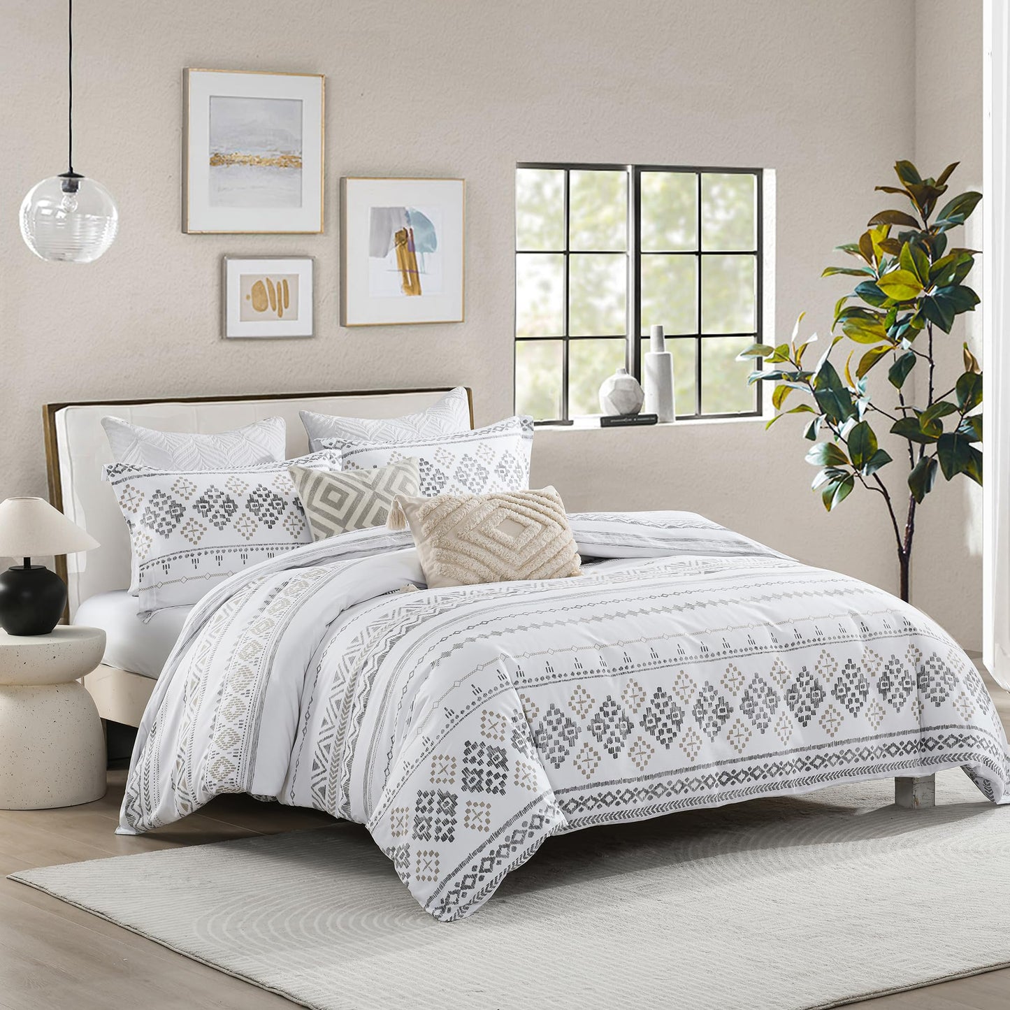 VOOVY Duvet Cover King - 100% Cotton Boho Duvet Cover King Size, 3 Pieces Bohemian Geometric Lightweight Soft Breathable Bedding Duvet Covers Set for All Season (Charcoal, 104"x90", No Comforter)