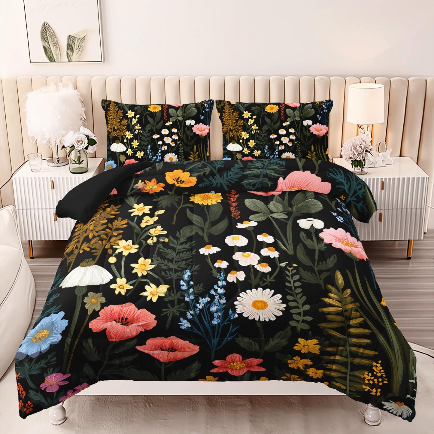AILONEN Dark Floral Full Comforter Set 3 Piece, Meadow Daisy Poppy Bedding Pack, Green Leaf Microfiber Layer, 2 Pillowcases