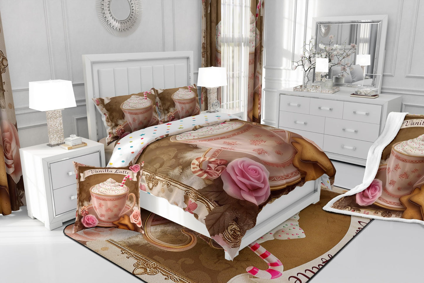 Erosebridal Vanilla Lattle Comforter Set Full Size,Romantic Rose Bedding Set for Kids Teens,Fragrant Coffee (Comforter+Fitted+Flat Sheet+2 Pillowcases+2 Throw Pillow Covers) 7 Pieces Bed Set