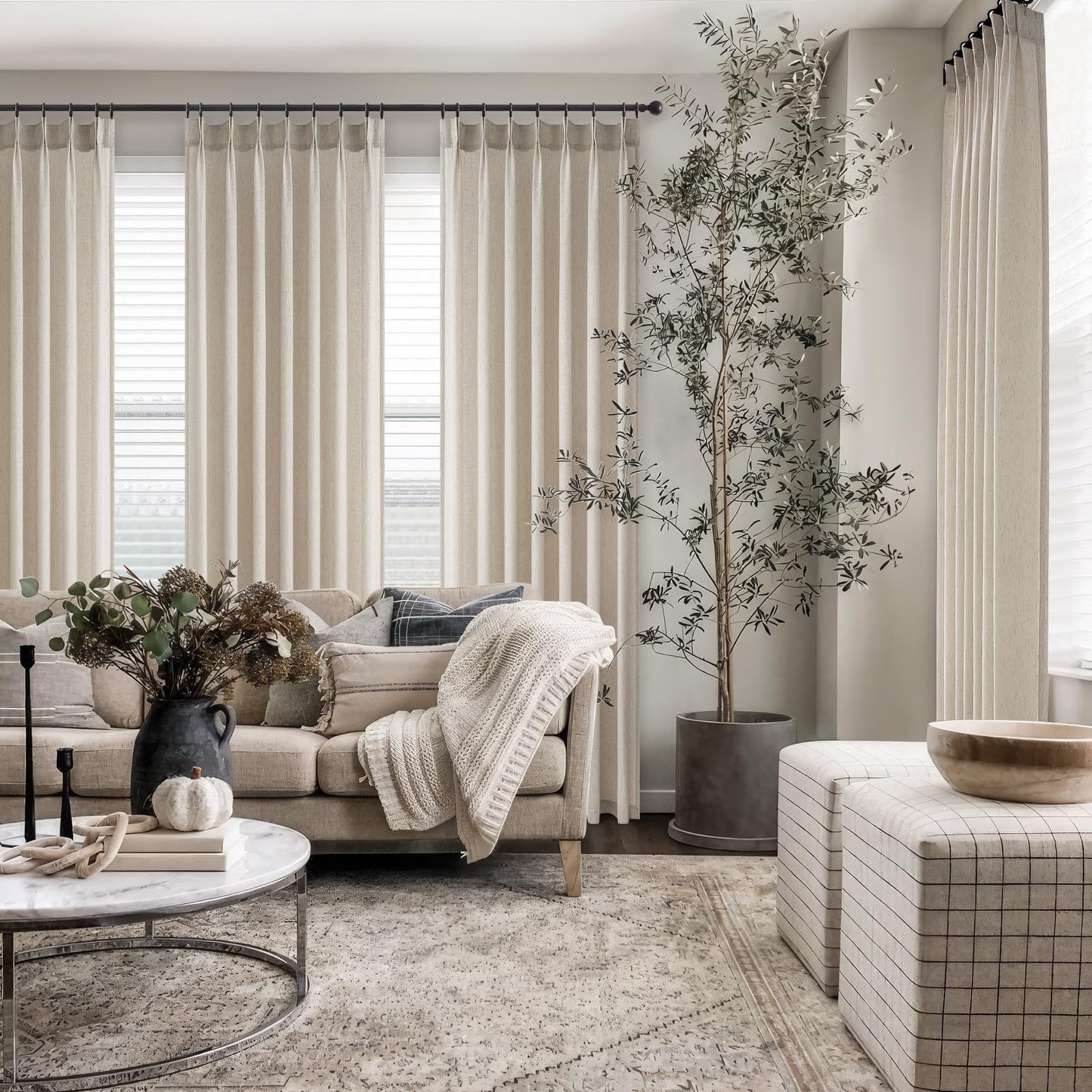 Topfinel Oatmeal Beige Pinch Pleated Curtains 84 Inches Long for Living Room 2 Panels Sets,Stone Washed Linen Earth Tone Decor Back Tab Boho Neutral Greige Earthy Sheer Curtain for Bedroom