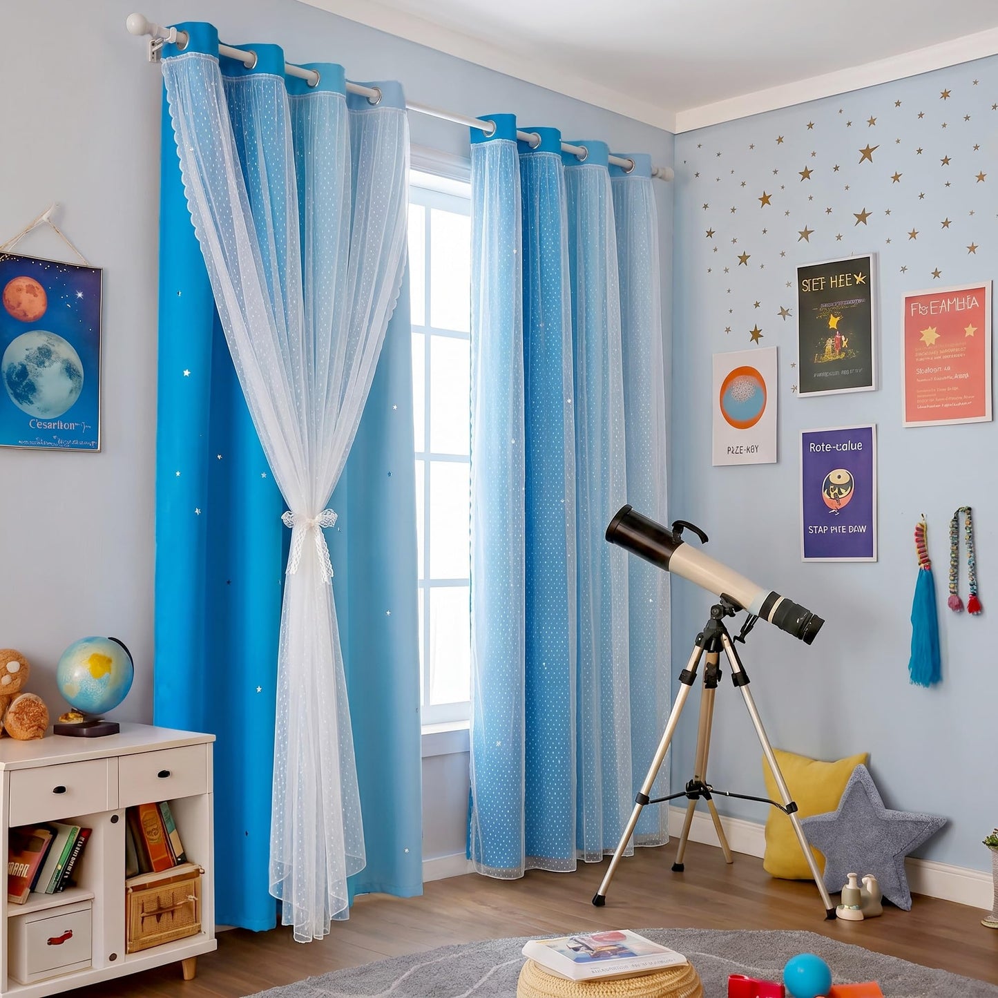 MYSKY HOME Kids Curtains Blue for Boys Bedroom Decor 63 Inches Long Ombre for Living Room Nursery, Thermal Insulated Blackout Star Cut Out Curtain Grommet Drapes, W52 x L63 Inches, 2 Panels