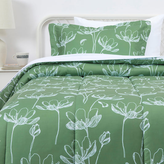Amazon Basics Lightweight Microfiber Comforter Set, 5-Piece, Bed-in-A-Bag, Twin/Twin XL, Green Floral