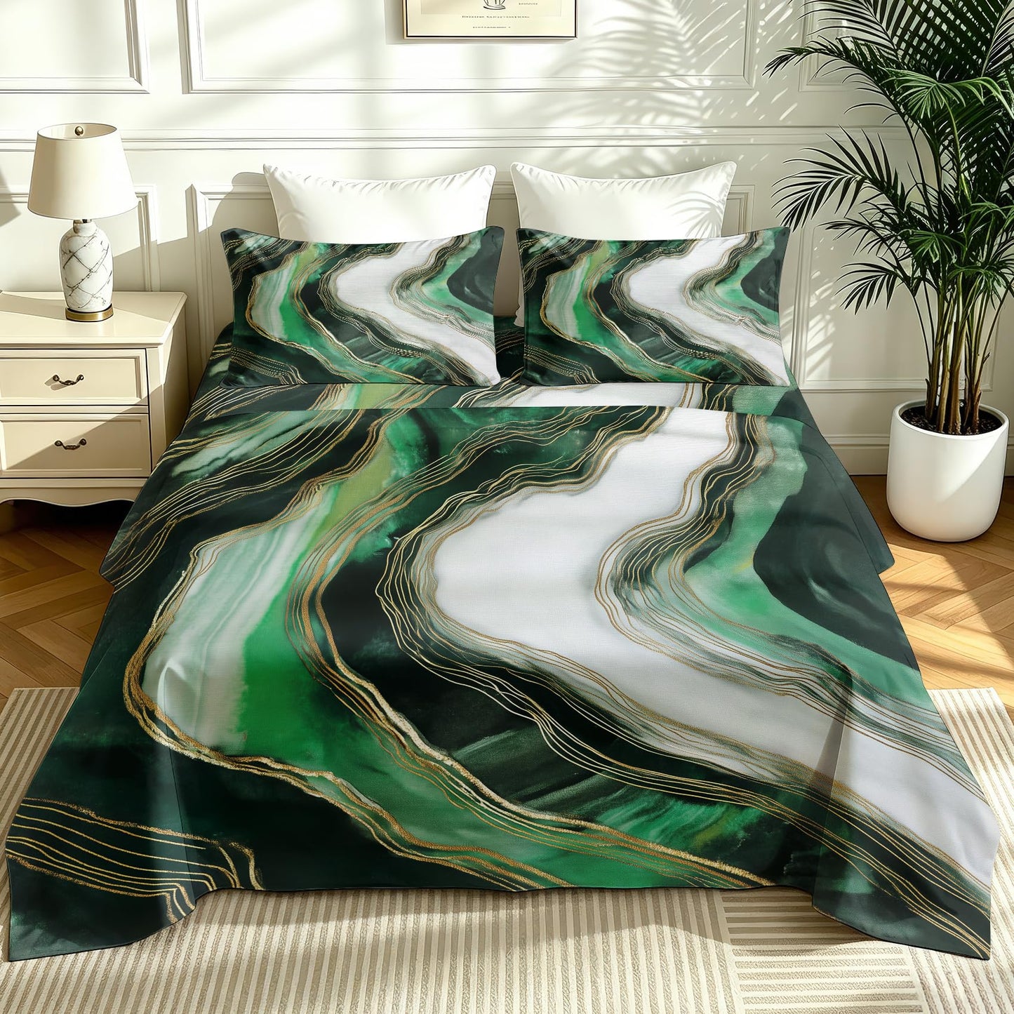 Marble Full Sheet Set 4 Pcs Modern Green Bed Sheets, Dark Green