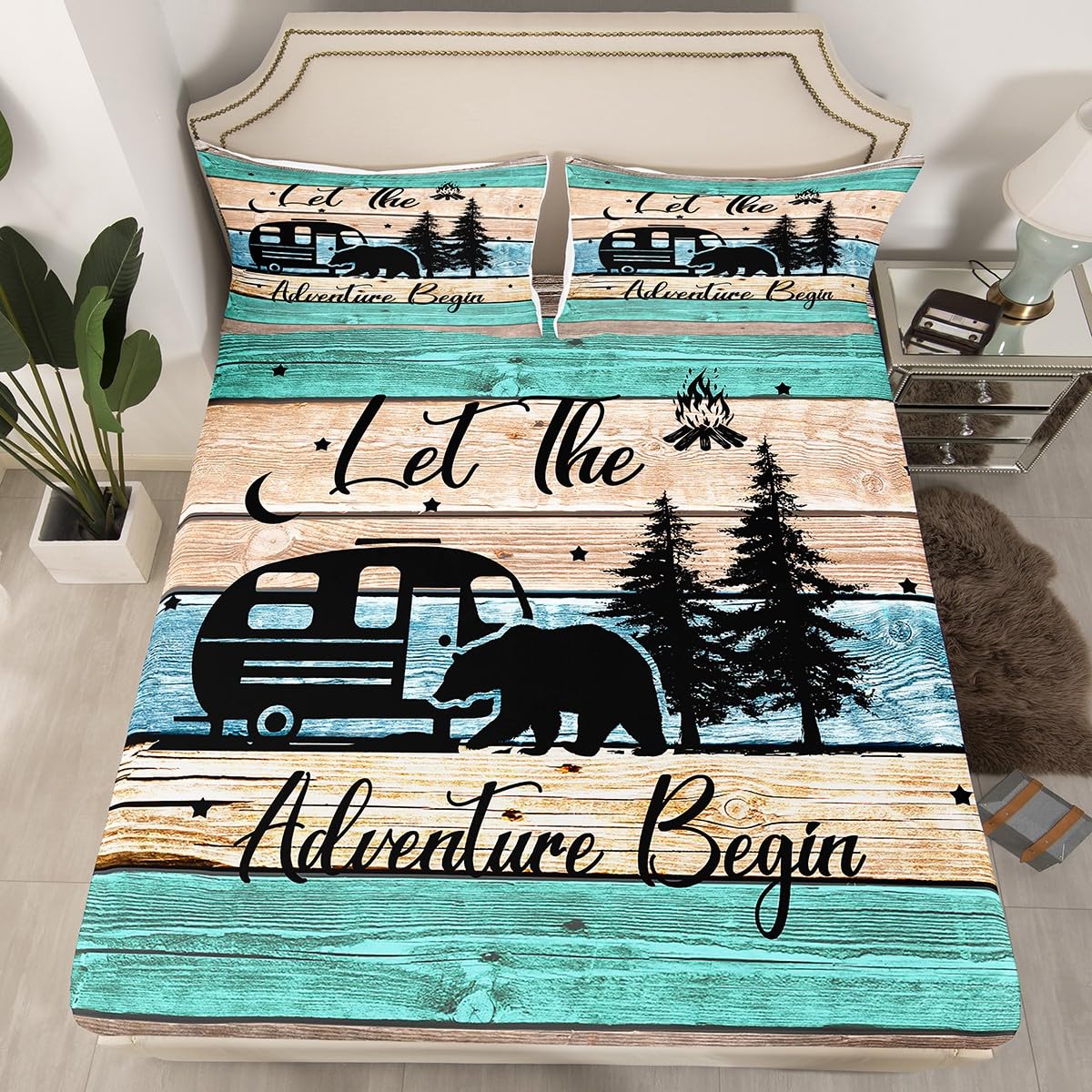 Camper Bedding 2 Pieces, Rustic Farmhouse Style Fitted Sheet Happy Camping Bedding Set for Teens Adult Camping Fitted Bed Sheets,Black Sketch Drawing Bear Decor Bedding, Twin Size