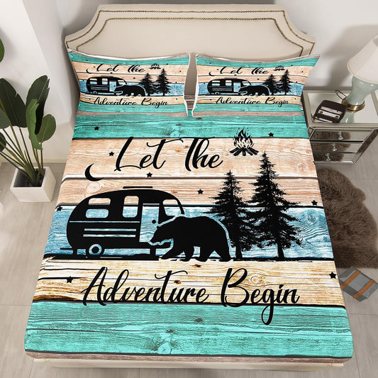 Camper Bedding 2 Pieces, Rustic Farmhouse Style Fitted Sheet Happy Camping Bedding Set for Teens Adult Camping Fitted Bed Sheets,Black Sketch Drawing Bear Decor Bedding, Twin Size