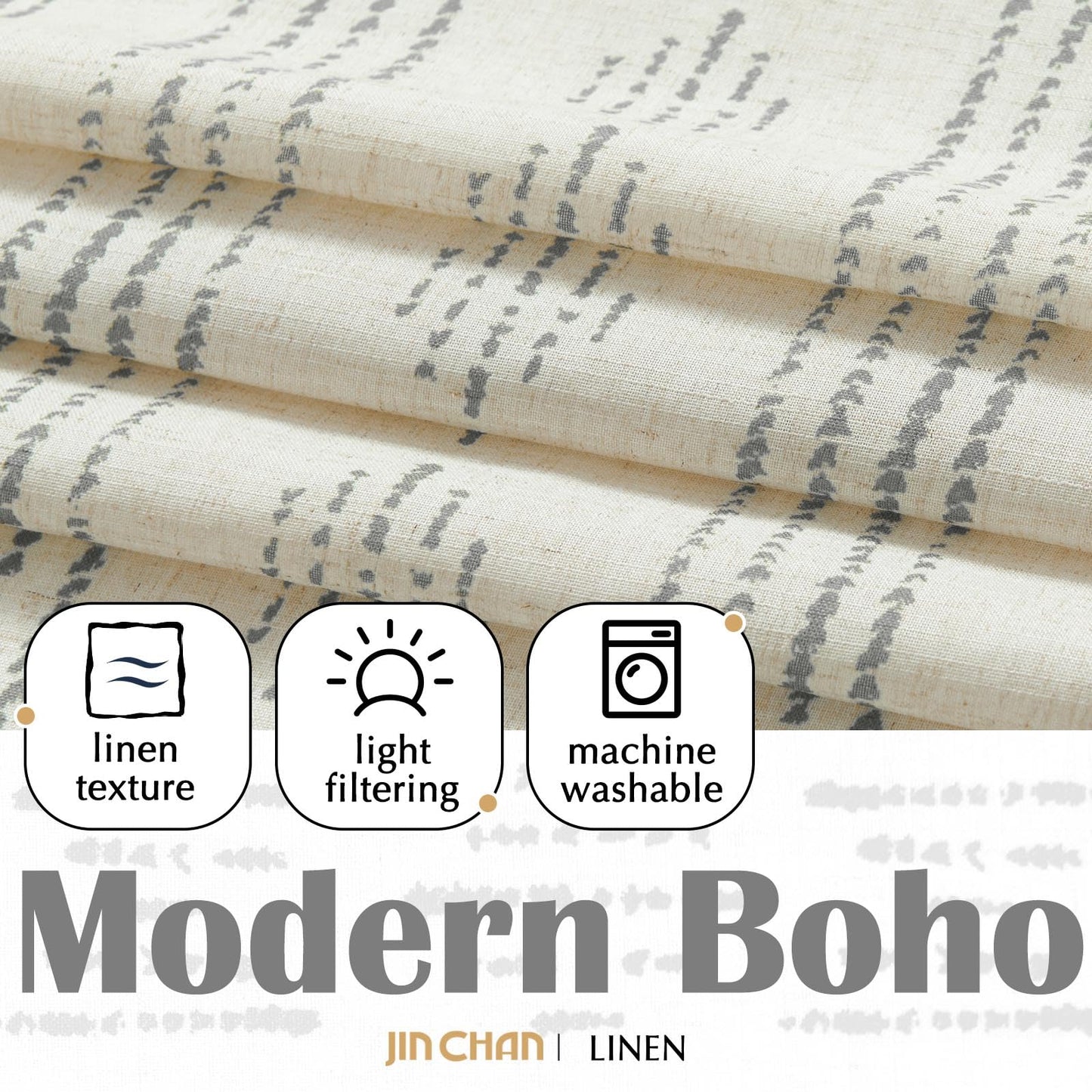 JINCHAN Boho Gray Stripe Kitchen Curtains and Valance Set Linen Tier Curtains Bohemian Small Window Drapes 36 Inch for Cafe Living Room Bathroom Window Treatments Rod Pocket 3 Pieces Set Grey on Beige