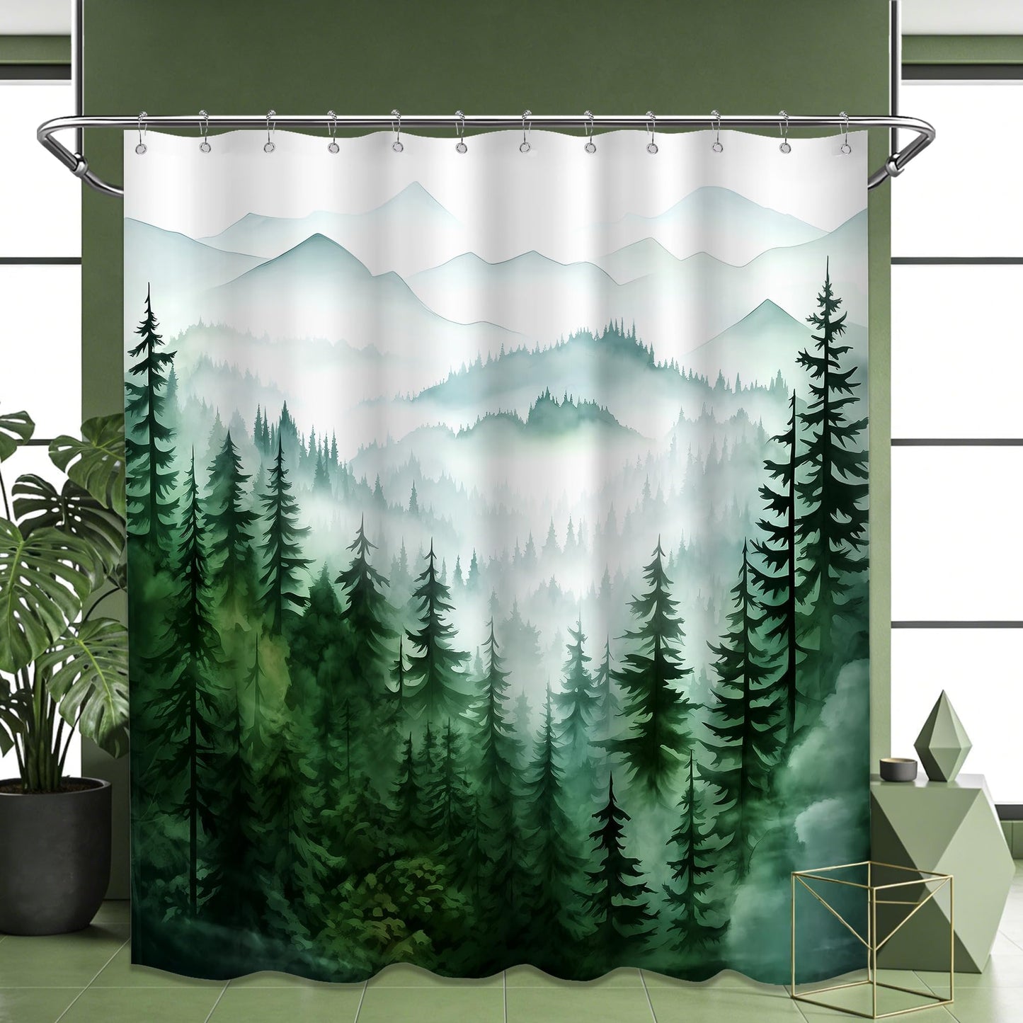QGHOT Dark Green Forest Shower Curtain Green and White Shower Curtains for Bathroom Decor Sets, Nature Mountain Pattern, Waterproof Polyester Fabric with Hooks, 70" W x 72" L