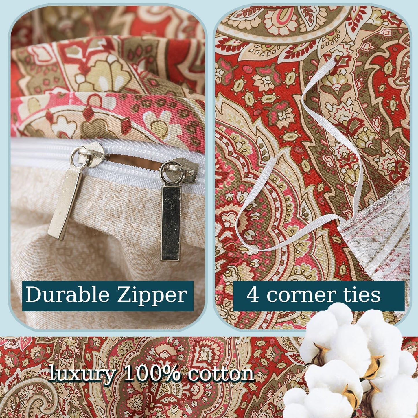 Zusbest Burgundy Duvet Cover Set Queen Size 100% Percale Cotton Red Beige Paisley Comforter Cover Toile Printed Bedding Luxury Crisp Soft Reversible Floral Bedding 3Pcs, Queen