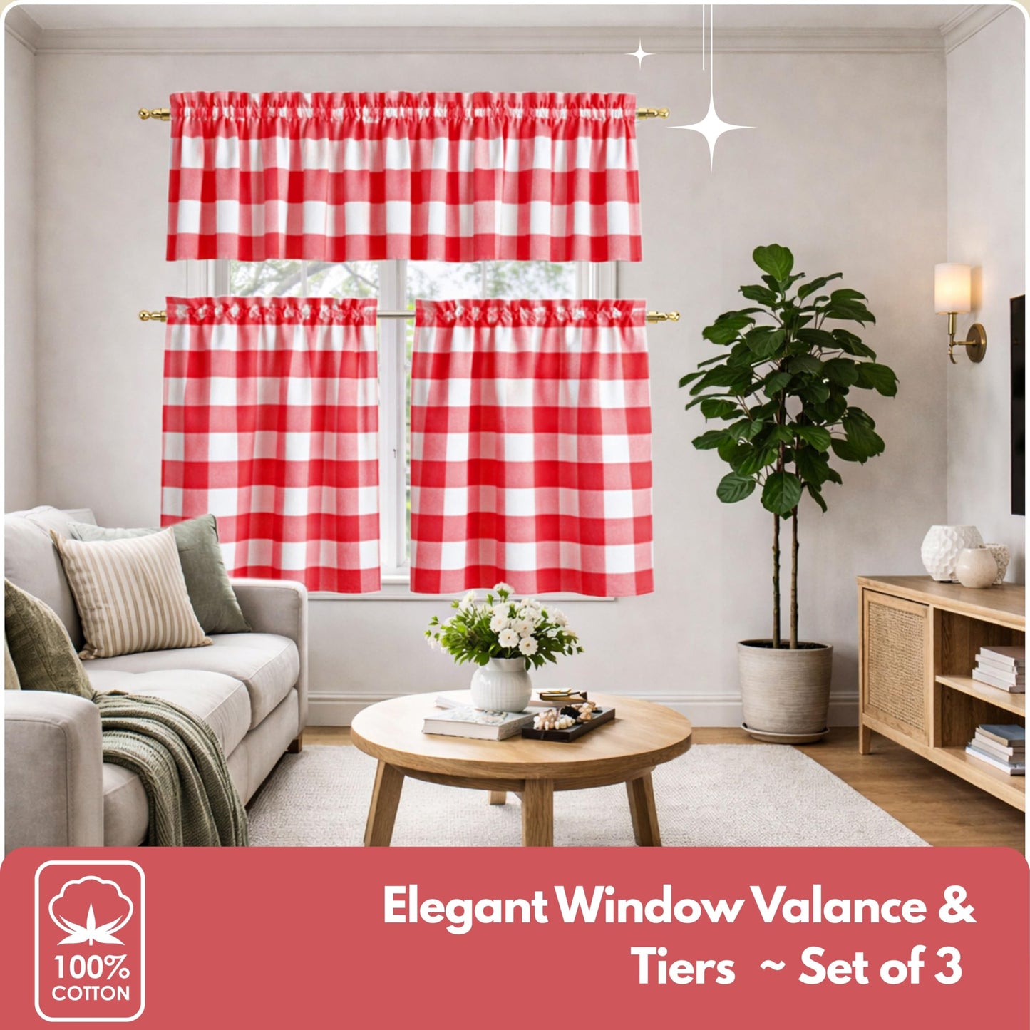 Native Fab Red Buffalo Plaid Window Curtain Set, 3 Piece Cotton Tier and Valance, 2 Tiers 26x36 Inch and Valance 54x18 Inch, Rod Pocket Curtains for Kitchen, Dining, Living Room, Red White