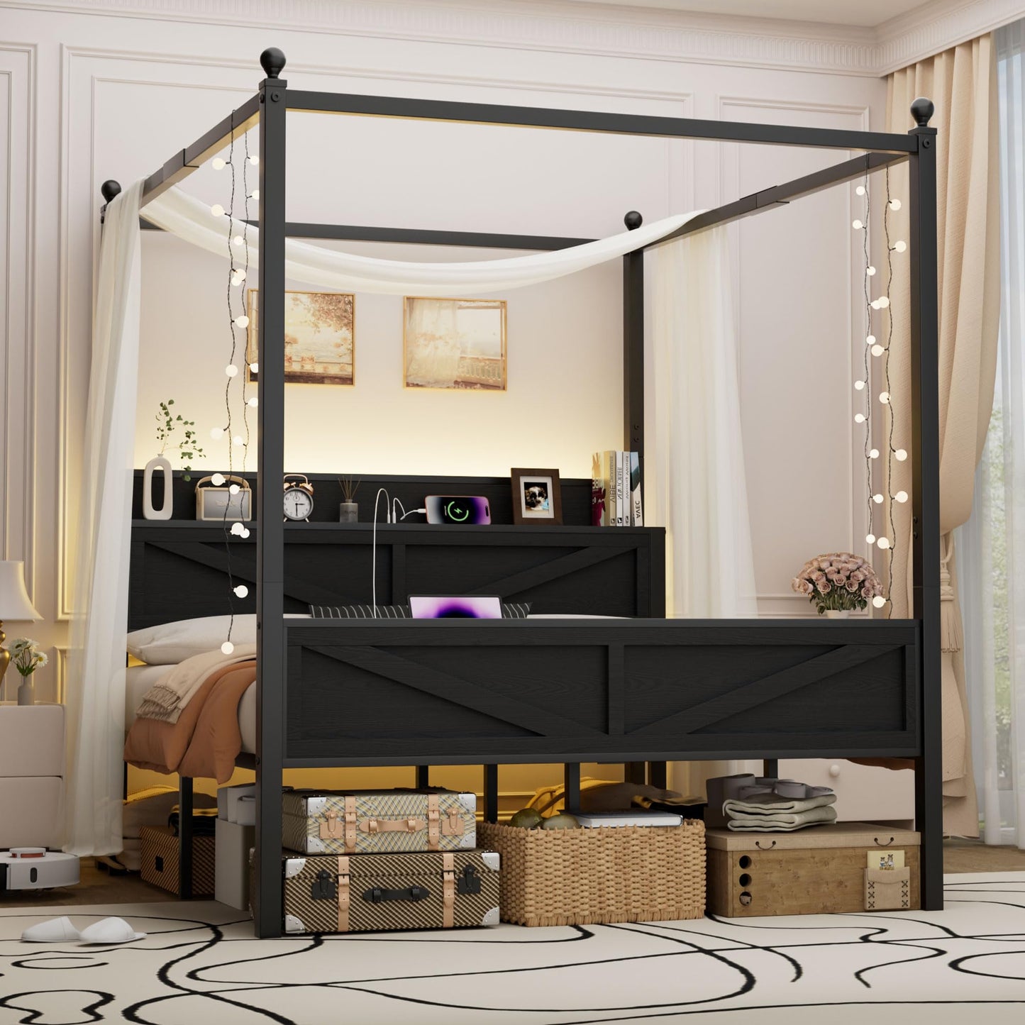 Tsovihe Canopy Bed Frame Queen Size with Barn Door Storage Headboard, Metal Platform Base & Mattress Foundation, LED Light & Charging Station, No Box Spring Needed, Easy Assembly Black‌