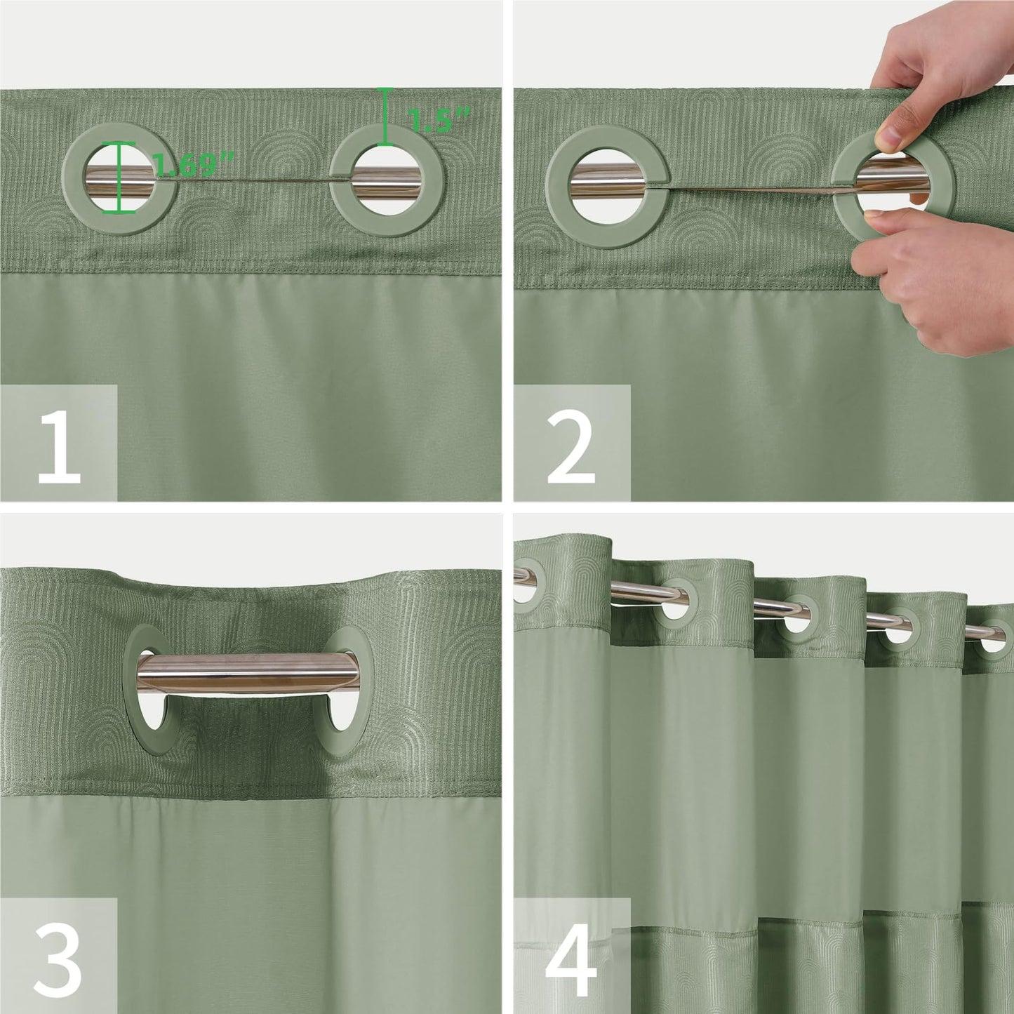 eachope Extra Long No Hook Shower Curtain with Snap-in Fabric Liner Set,Boho Arch Textured Fabric Fabric Shower Curtain for Bathroom with Sheer Window,Waterproof & Washable,71 x 86,Green