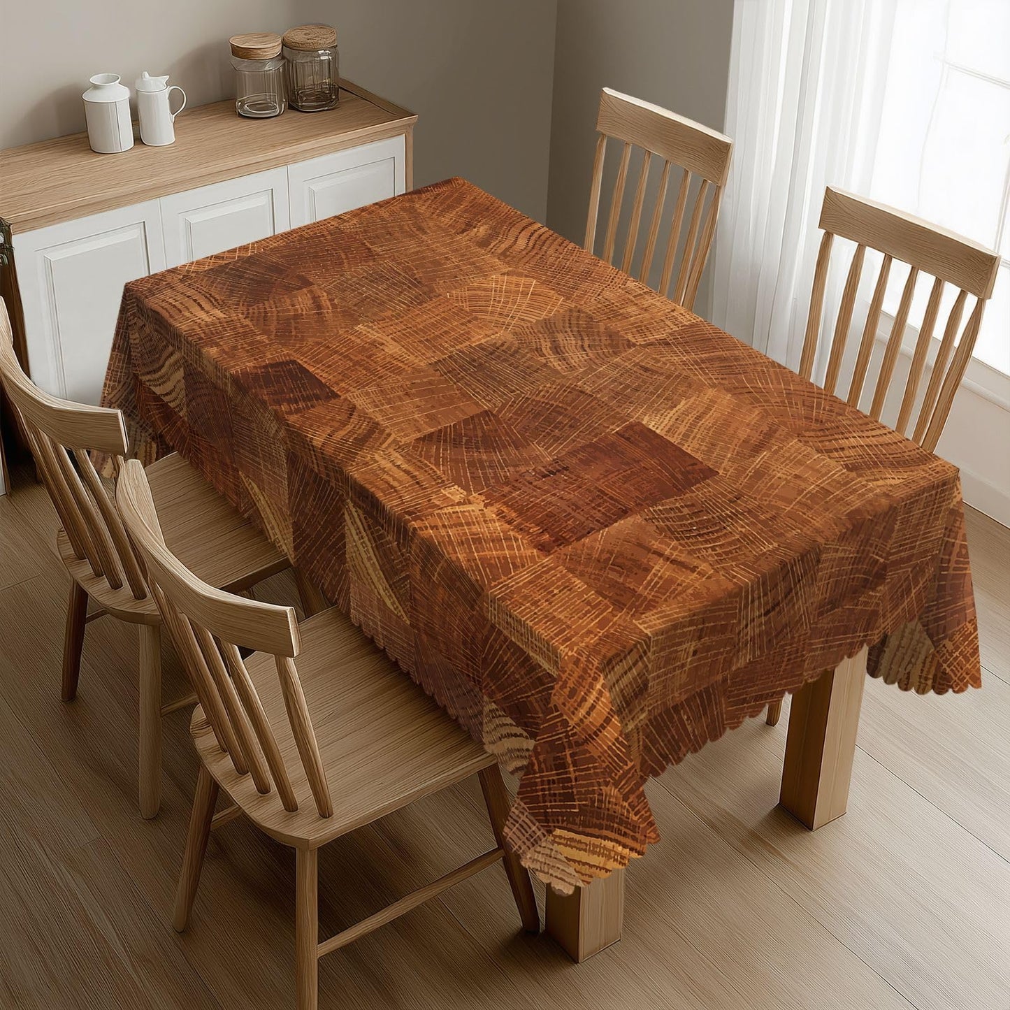 DRAVVIX Wooden Natural Texture Rectangular Tablecloth Brown Wooden Pattern Table Cloth with Wavy Lace Decoration Polyester Table Cover for Dining, Parties 54x72 inch