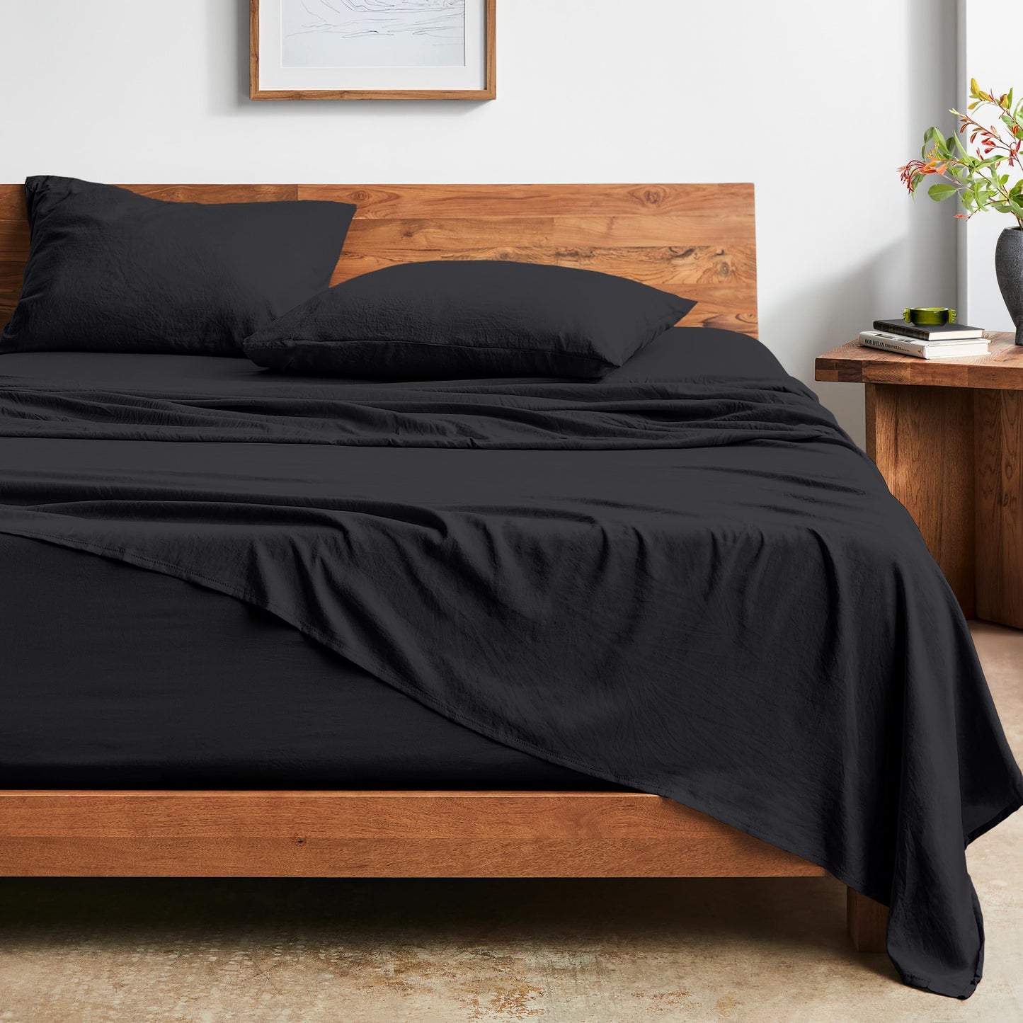 Bare Home Queen Sheet Set - Luxury 1800 Ultra-Soft Stonewashed Microfiber - Brushed - Deep Pockets - Easy Fit - Breathable Bedding - Sheet Sets & Pillowcases (Queen, Black)