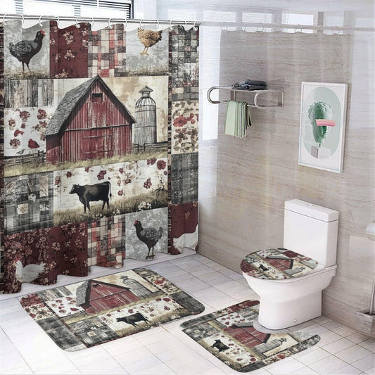 HDESDIS 4Pcs Barn Cabin Patchwork Shower Curtain Sets with Rugs, Toilet Lid Cover and Bath Mat, Farm Cow Chicken Rustic Bathroom Shower Curtains Set with 12 Hooks
