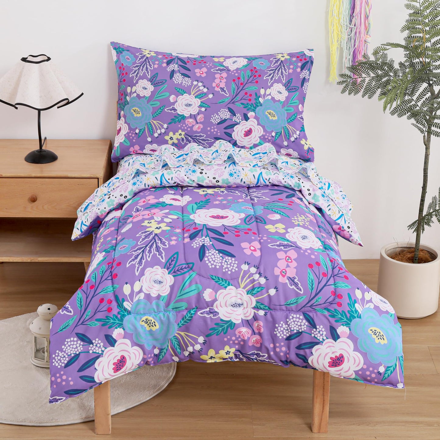 Mooreeke 4 Pieces Toddler Bedding Set - Purple Floral Toddler Comforter Sets for Girls, Includes Comforter, Flat Sheet, Fitted Sheet and Pillowcase, Bed in A Bag for Baby Bedroom