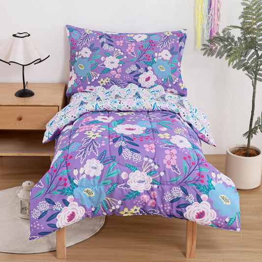Mooreeke 4 Pieces Toddler Bedding Set - Purple Floral Toddler Comforter Sets for Girls, Includes Comforter, Flat Sheet, Fitted Sheet and Pillowcase, Bed in A Bag for Baby Bedroom