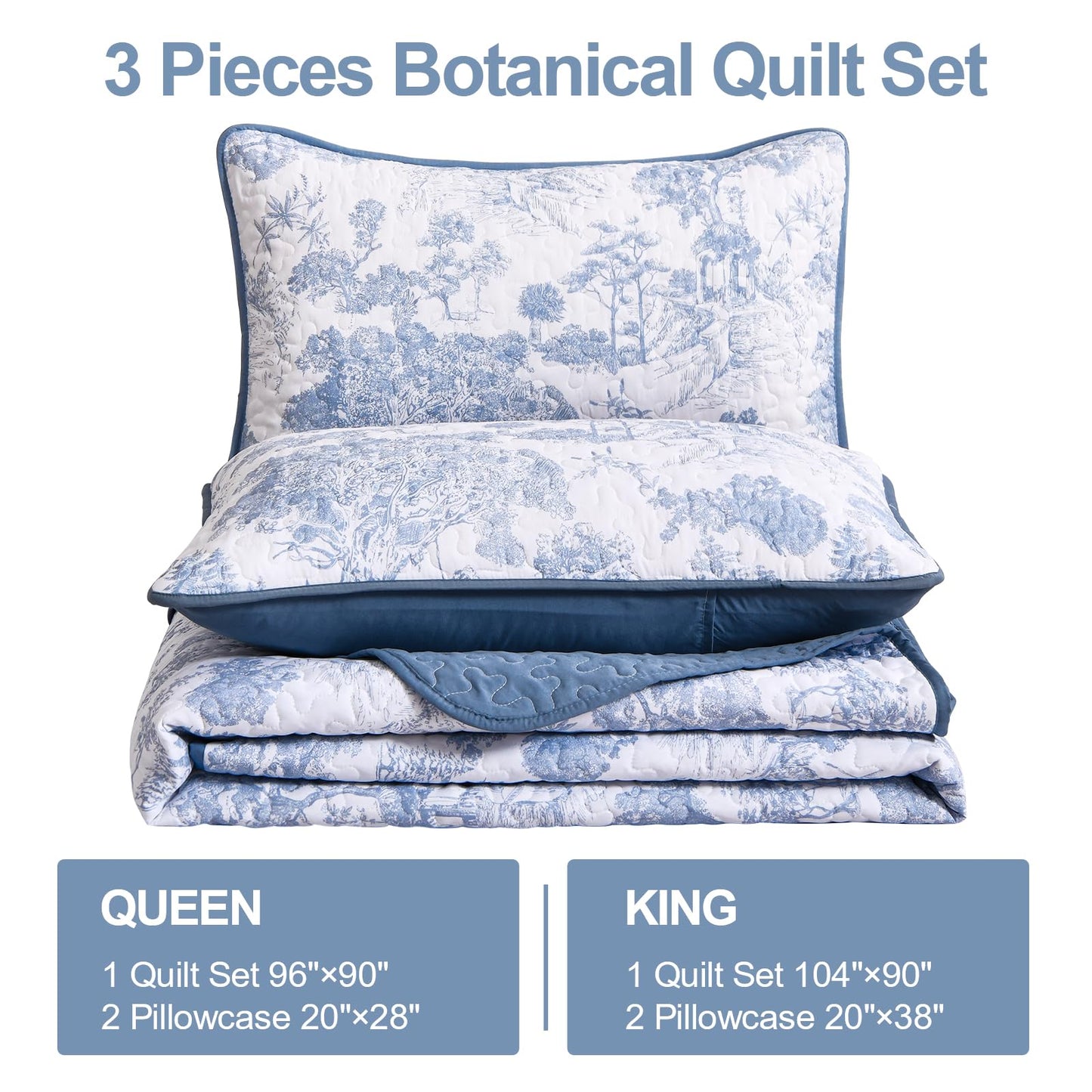 WONGS BEDDING Blue Quilt Set Queen Size, 3 Pieces Botanical Bedspreads Set Lightweight Microfiber Blue Toile Plants Pattern Coverlet Home Decor for All Seasons(96"×90")