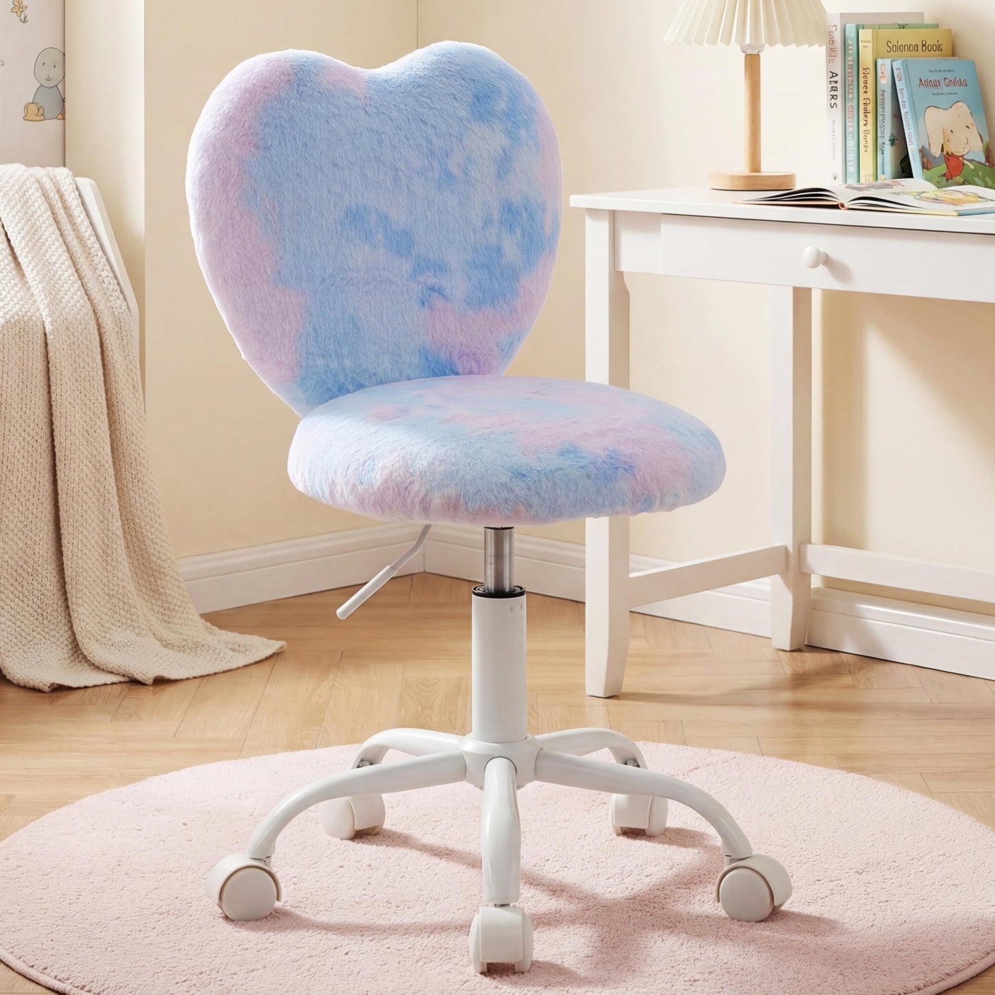 DM Furniture Kids Desk Chair Girls Students Study Chair Adjustable Computer Chair Furry Swivel Office Reading Chairs Child Cute Heart Back Chairs for Home/Bedroom/School/Dorm/Vanity, Blue