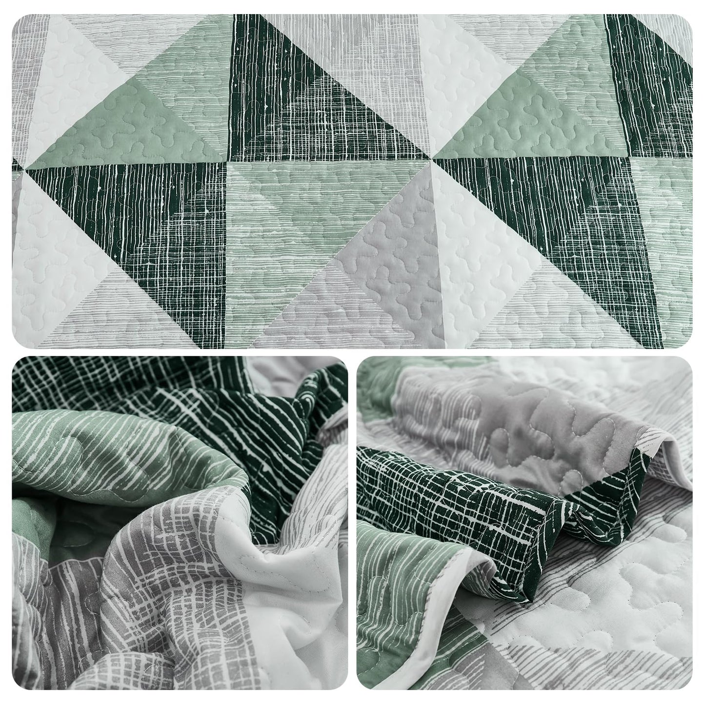 Dintszyayue Quilt Queen Size Green, 3 Pieces Patchwork Bedspread Bedding for Queen Size Bed, Soft Lightweight Microfiber Geometric Coverlet Set for All Season Quilt with 2 Pillowcases