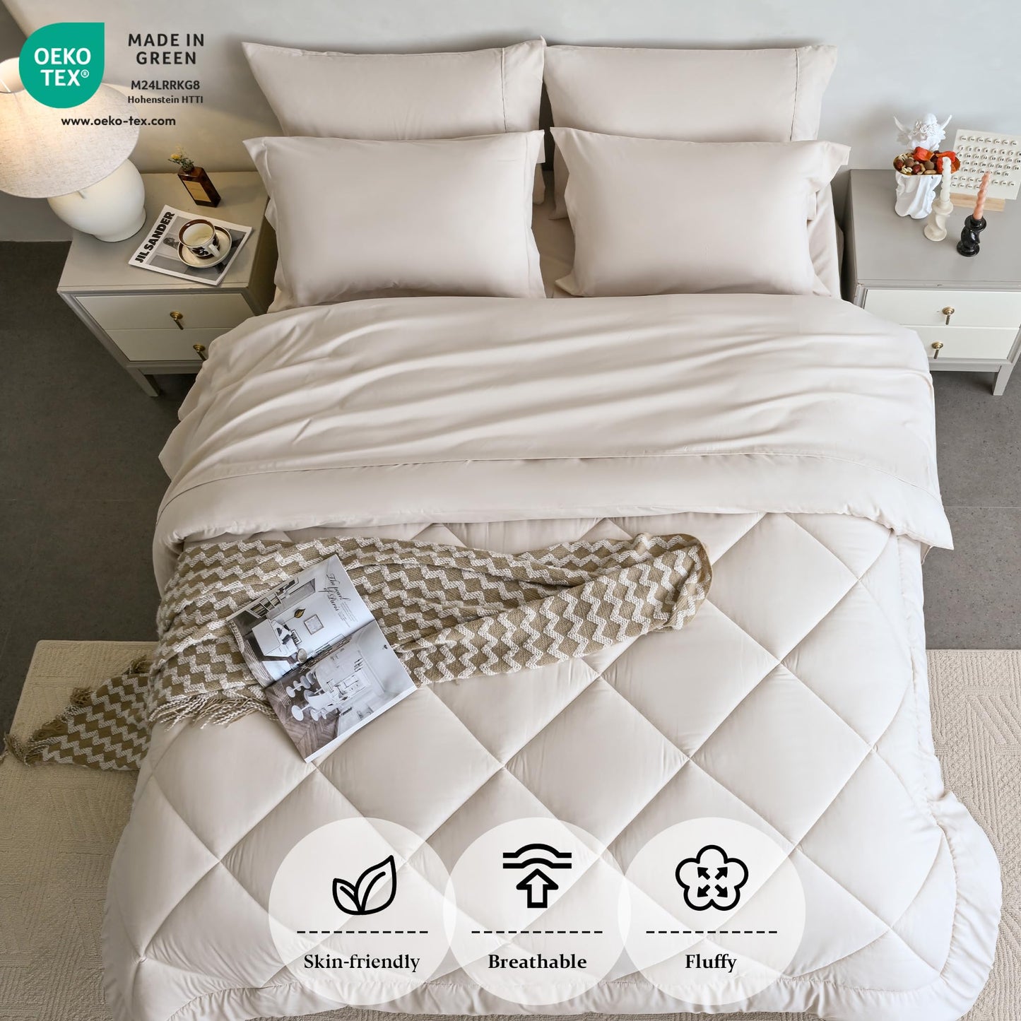 Newspin Full Comforter Set Beige - Bed in a Bag Full Size 8 Pieces, All Season Bed Set, Fluffy Comforter Set with Sheets, Sheet Set Quilt Blanket, Pillowcases & Shams & Bed Skirt