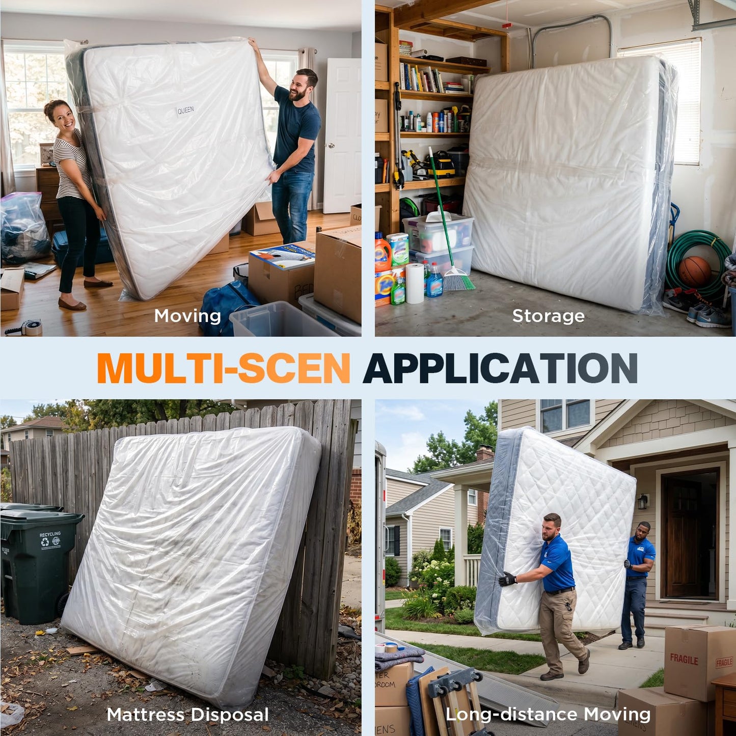 2PCS Plastic Mattress Bag for Moving Storage, Waterproof Mattress Cover, Mattress Protector for Moving Supplies - Queen Size (1.5MIL)
