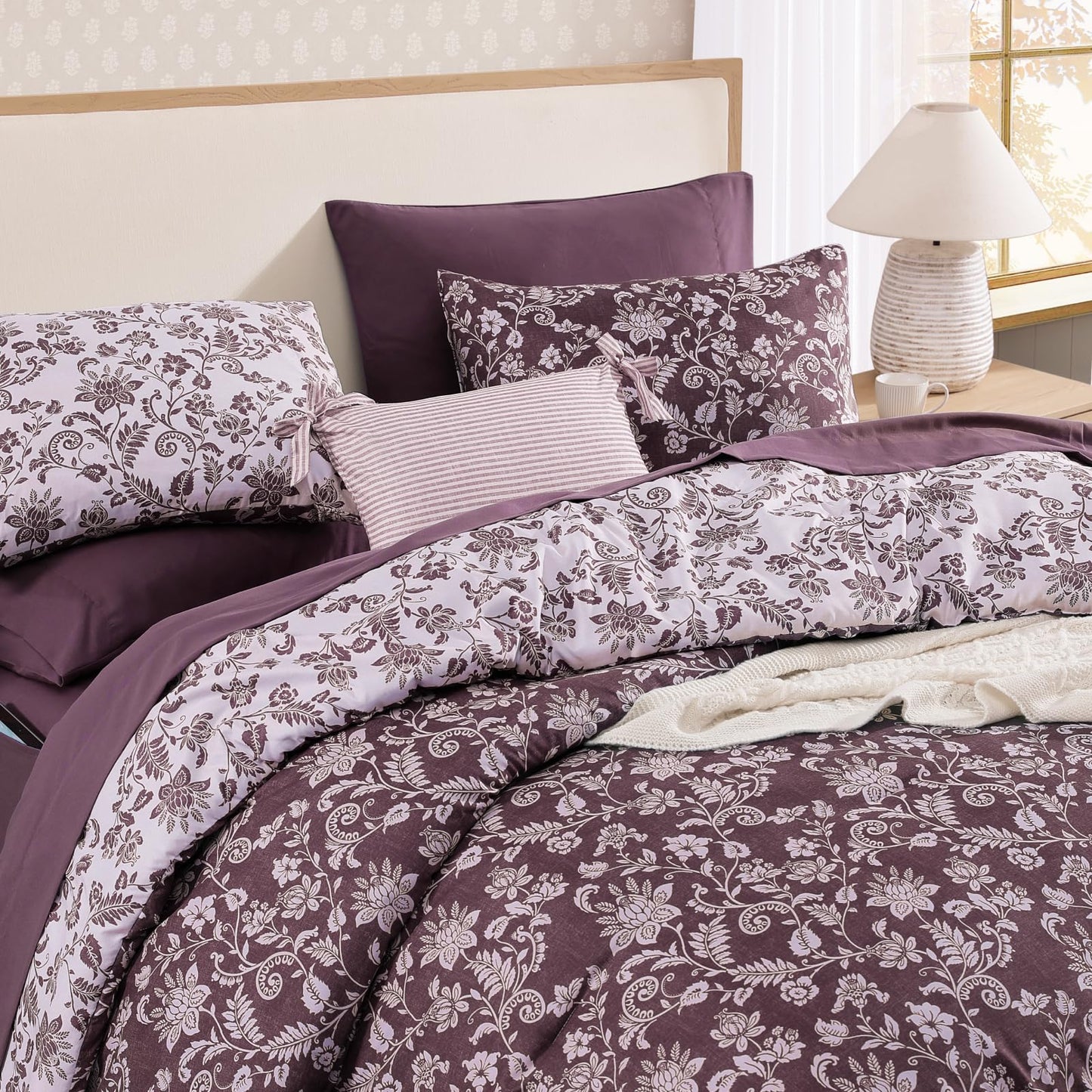 BLOOMHAVEN Queen Comforter Set -7 Pieces Floral Dark Purple Comforter Set for All Seasons, Bed in a Bag Queen with Botanical Flowers Comforter, Sheets, Pillowcases & Shams