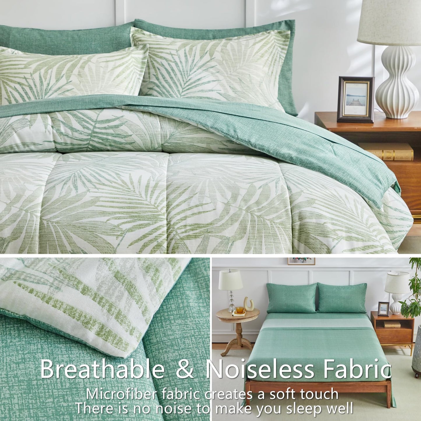 AIKASY Blue Green Queen Comforter Set with Sheets,Bed in a Bag 7-Pieces,Palm Tree Totem Printing Design,Ultra Soft Down Alternative All Season Bedding Set(Queen, Blue Green)