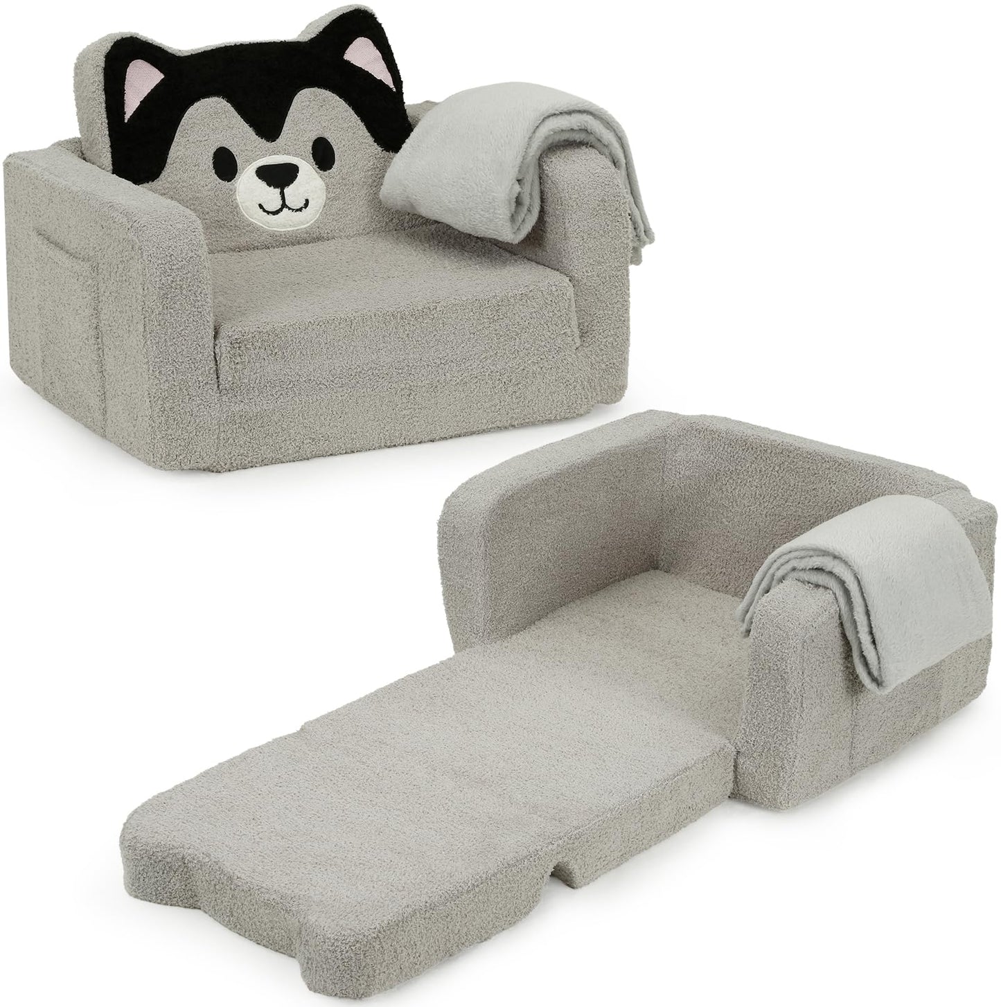 Foryoomi Upgraded Kids Couch, 2-in-1 Soft Top-Flip Fold Out with Blanket, Comfy Convertible Plush Sofa Chair, Great Gifts for Little Ones, Husky