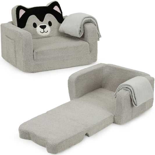 Foryoomi Upgraded Kids Couch, 2-in-1 Soft Top-Flip Fold Out with Blanket, Comfy Convertible Plush Sofa Chair, Great Gifts for Little Ones, Husky