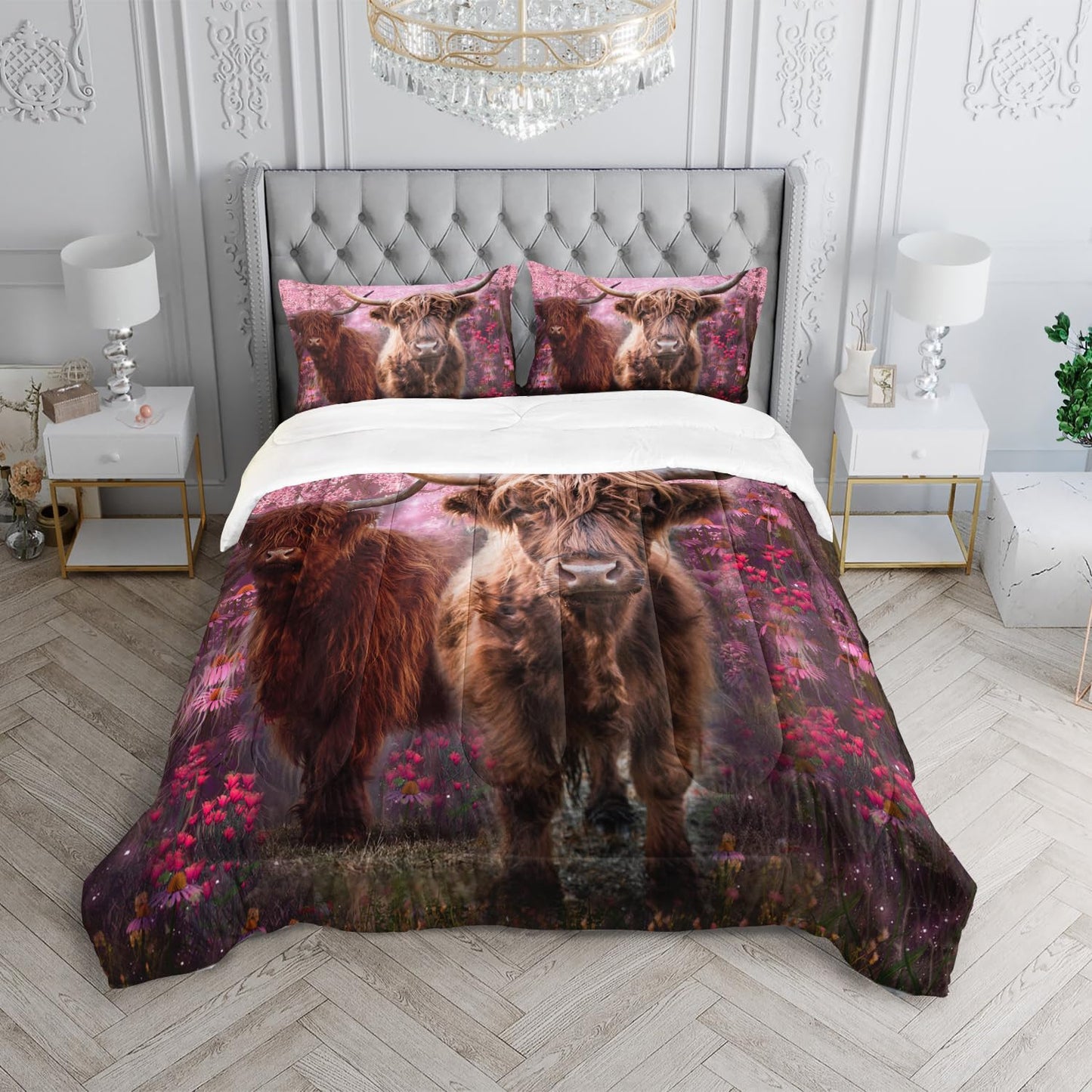 Cow Print Comforter Set 3Pcs Twin Size Cherry Blossom Cattle‌ Bedding Set