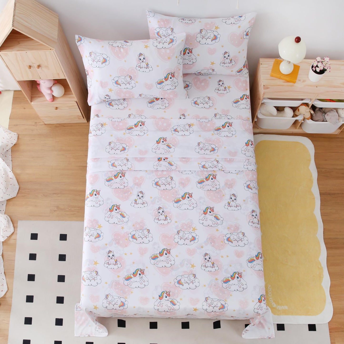 Yibeizi Full Size Sheets Set Kids, Unicorn Pattern Microfiber Double Bed Sheets, Cute Heart Soft Oeko-Tex Extra Deep Pocket Sheets & Pillowcases Cooling Hypoallergenic Wrinkle Free Bedsheets