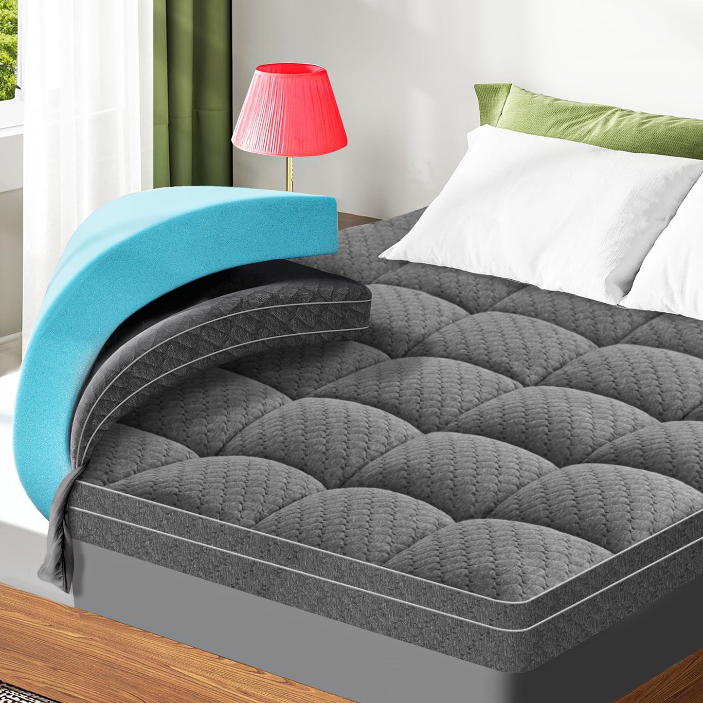 Dual Layer 3 Inch Memory Foam Mattress Topper Full Size, 2 Inch Cooling Gel Memory Foam Plus 1 Inch Pillow Top Mattress Pad Cover, with 8-21 Inch Deep Pocket, Grey