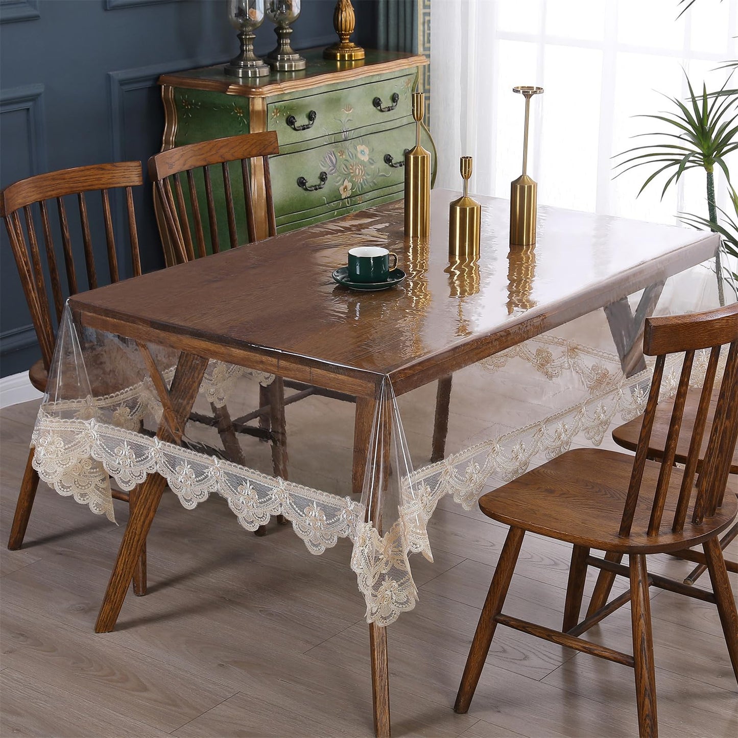 Rakila Clear Plastic Rectangle Tablecloth Vinyl Waterproof Table Cloth Embroidered Lace Edge Transparent Table Cover for Dining Kitchen Outdoor(60 x 98 inch, Coffee Style 2)