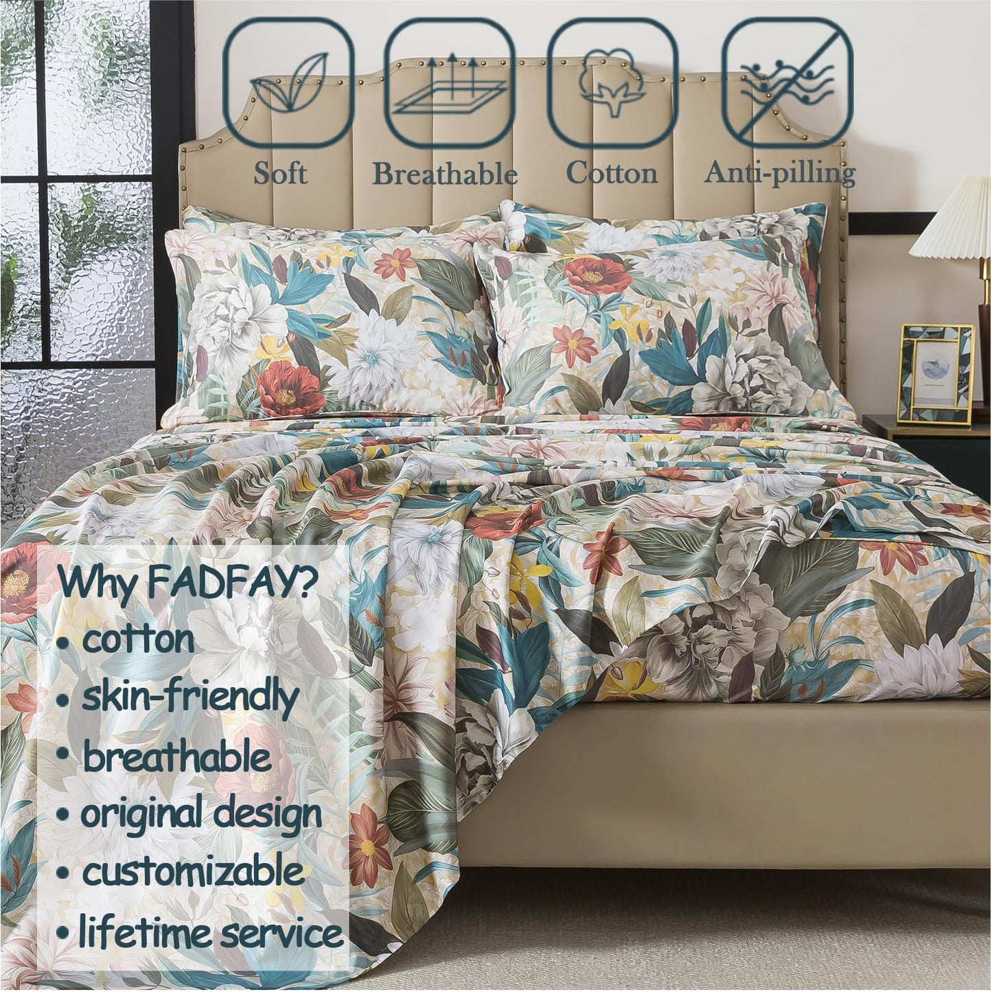 FADFAY Queen Sheet Set, 100% Cotton Sateen Soft Breathable, Luxury Vintage Floral Bed Sheets, Elegant Large Peony & Botanical Print, Classic Garden Style Bedding, Deep Pocket Fitted Sheet, 4 Pieces