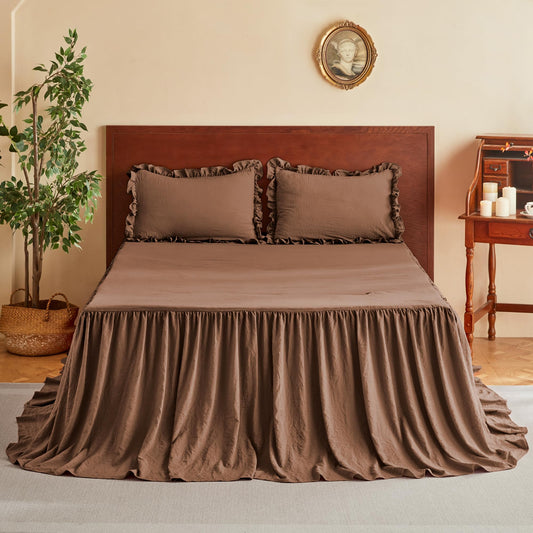 MR&HM Brushed Microfiber Ruffle Skirt Bedspread Set - 30" Long Drop, 3 Piece Queen, Mocha Mousse Shabby Chic Style Bed Spread，French Country Soft Bedspread and Pillow Shams, Vintage Farmhouse Decor