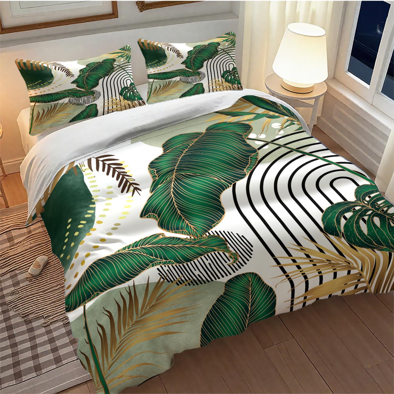 Lnepty Boho Bedding Set,Modern Abstract Tropical Monstera Palm Leaf Plant Minimalist Spring Summer Bohemian Mid Century Comforter Set with Pillowcase for Bedroom Bed Decor，Twin 86"x70"
