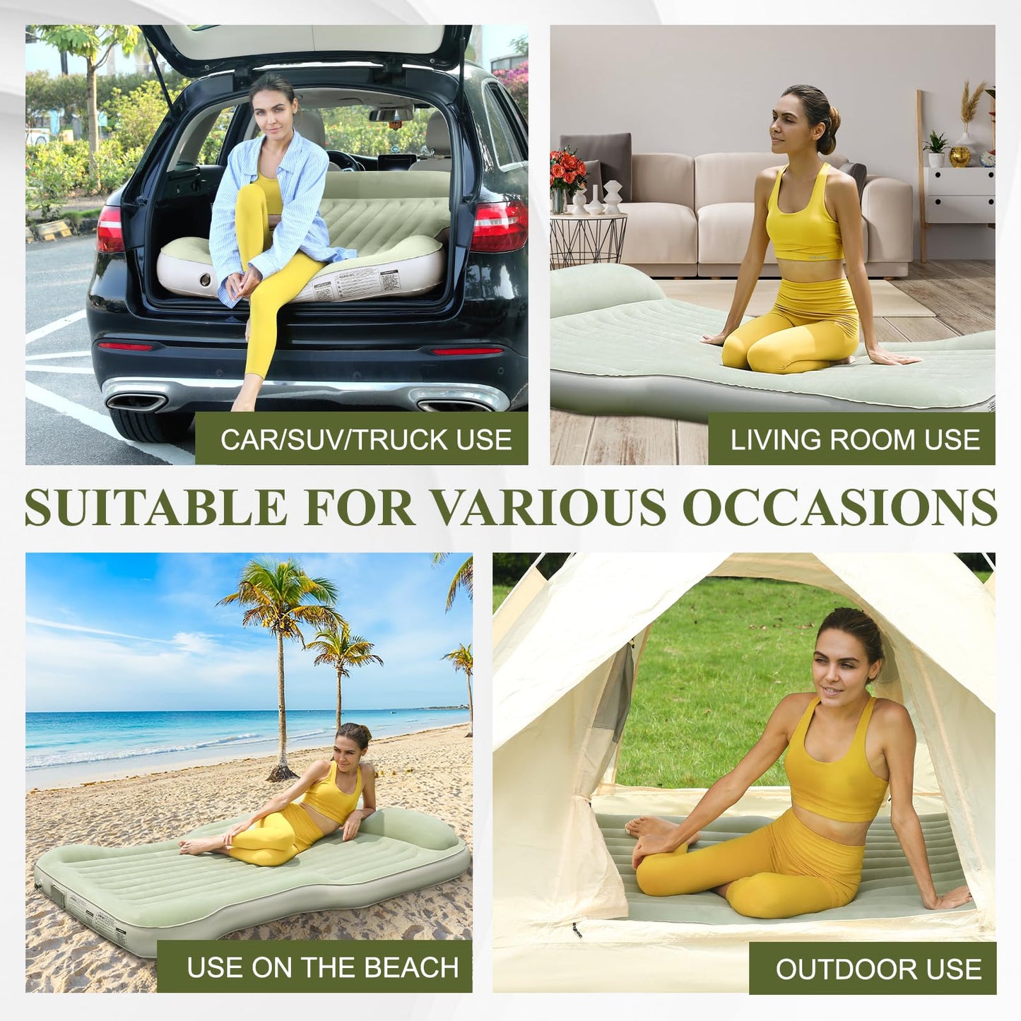 KMZ Inflatable SUV Air Mattress Thickened Flocking with Built-in Pump Self-Inflating Portable Sleeping Travel Bed Pad for SUV Truck Fast Inflation and Deflation (Green)